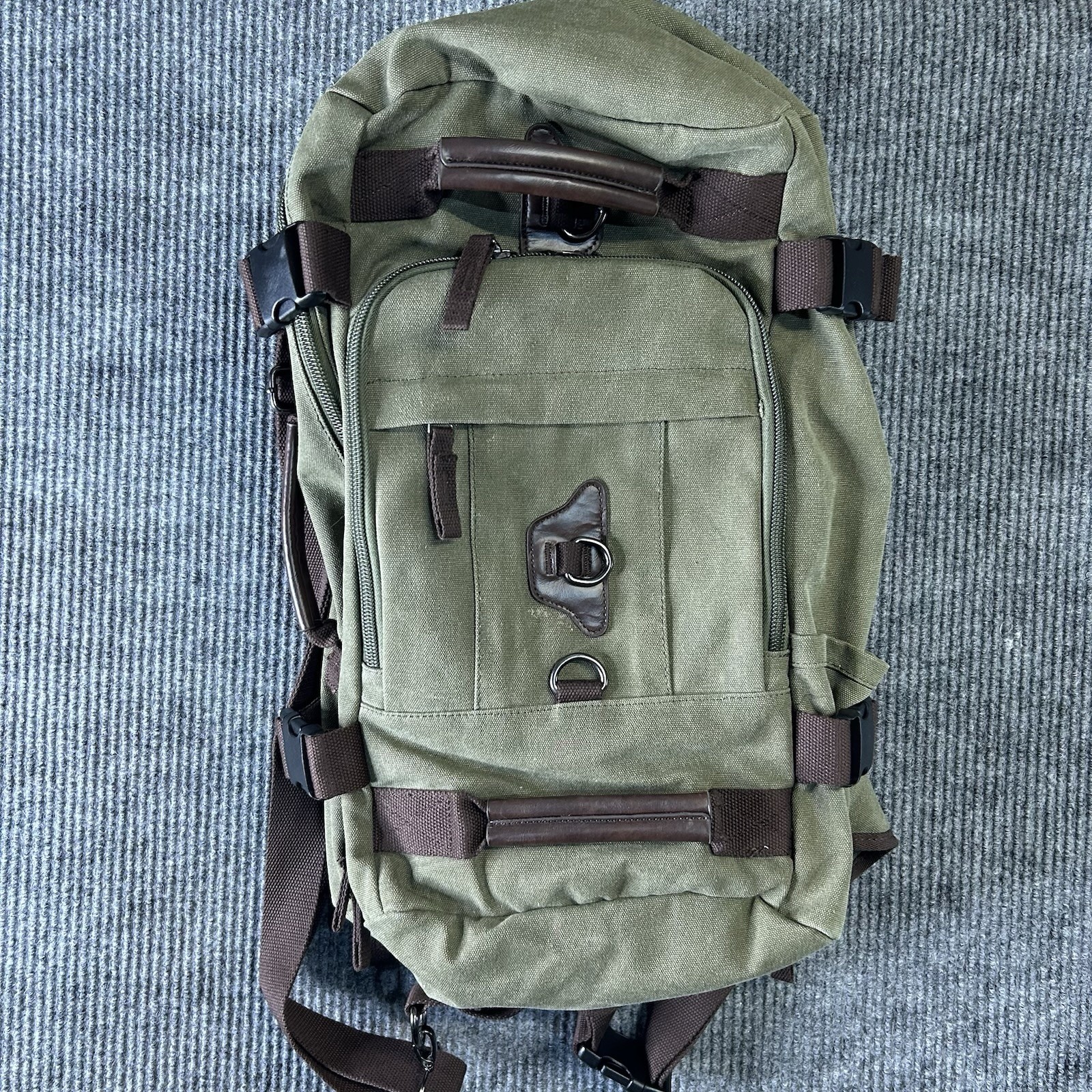 Canvas Backpack Duffel Bag Multiple Pocket Waist Strap Green