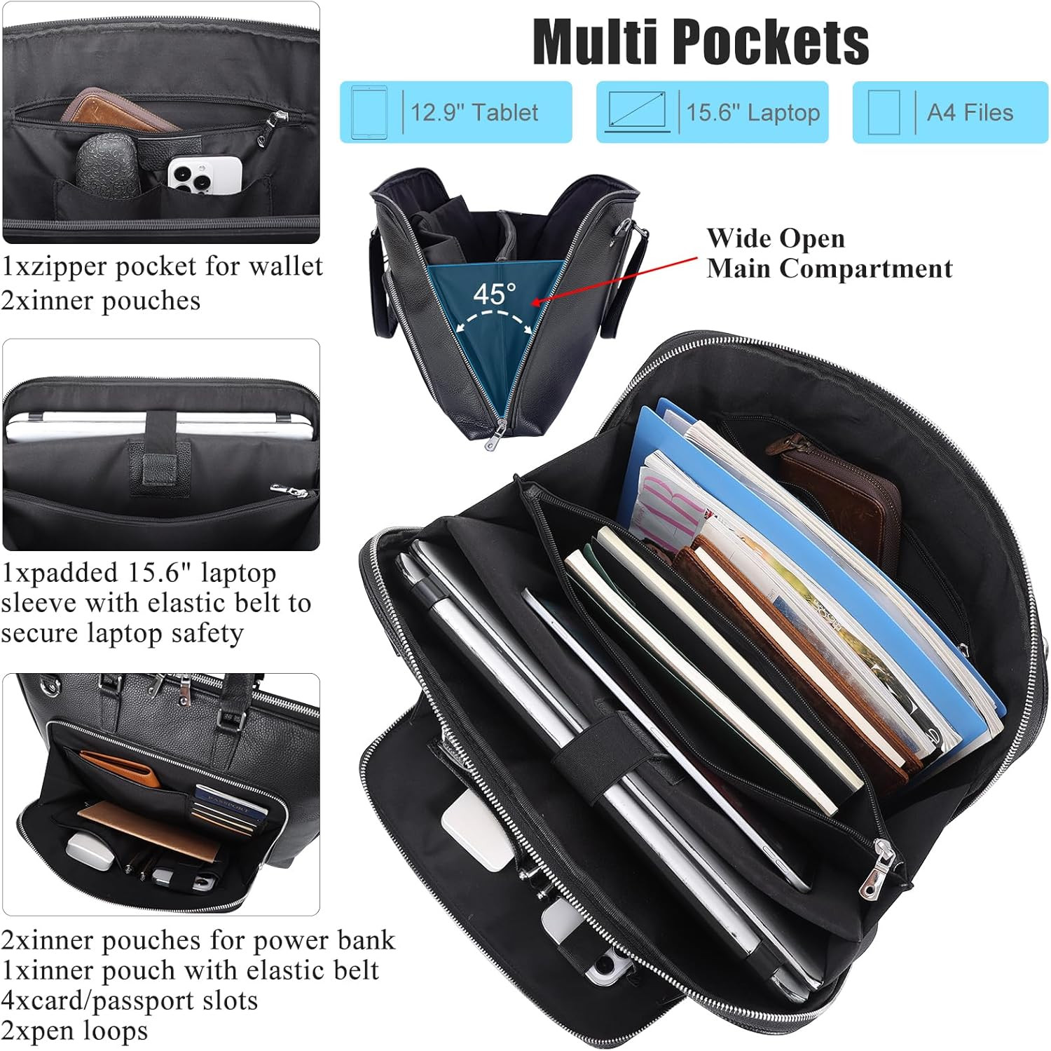 Sleek Black Leather Briefcase for 15.6-16″ Laptops, Ideal for Professionals