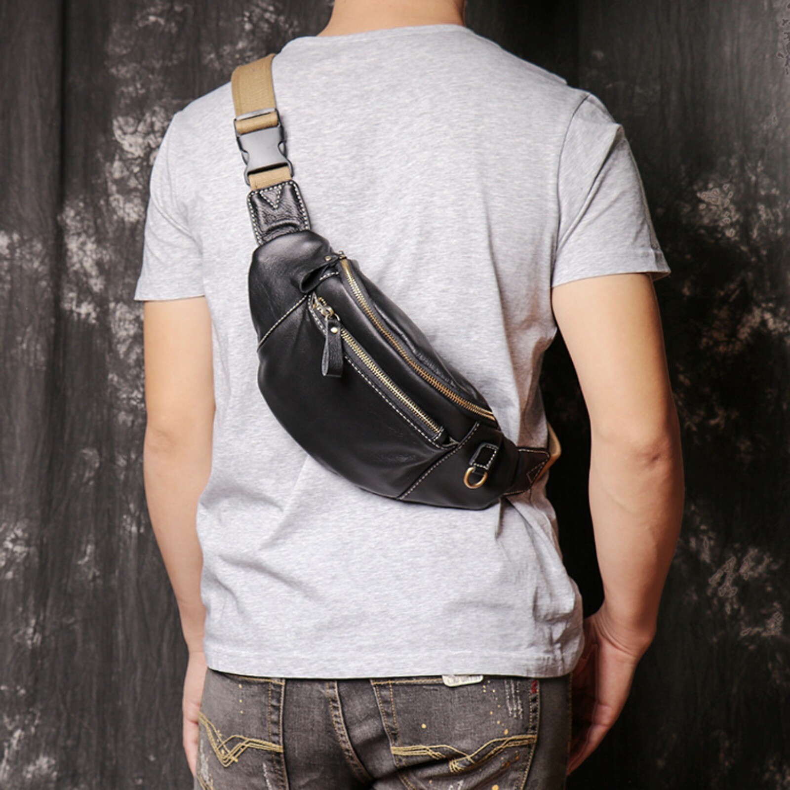 Mens Leather Crossbody Sling Bag Adjustable Strap Fanny Pack with Zippers