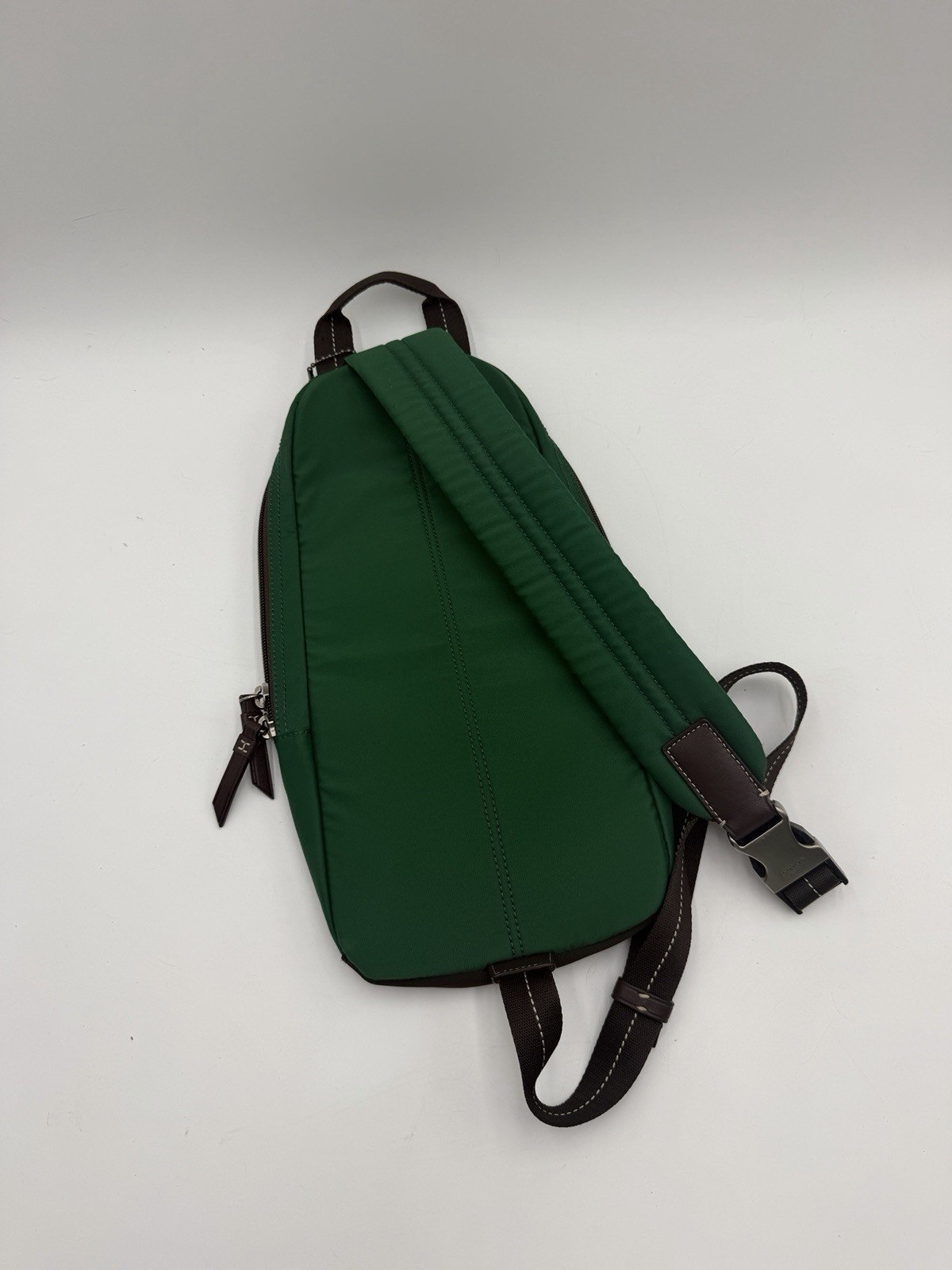 Coach Varick Nylon Sling Pack F70692 Green Brown Leather Crossbody Backpack Bag