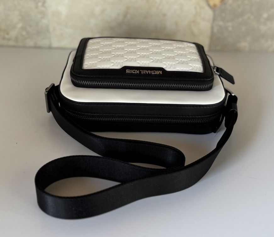 MICHAEL KORS COOPER EAST WEST CROSSBODY FLIGHT BAG MK EMBOSSED BRIGHT WHITE