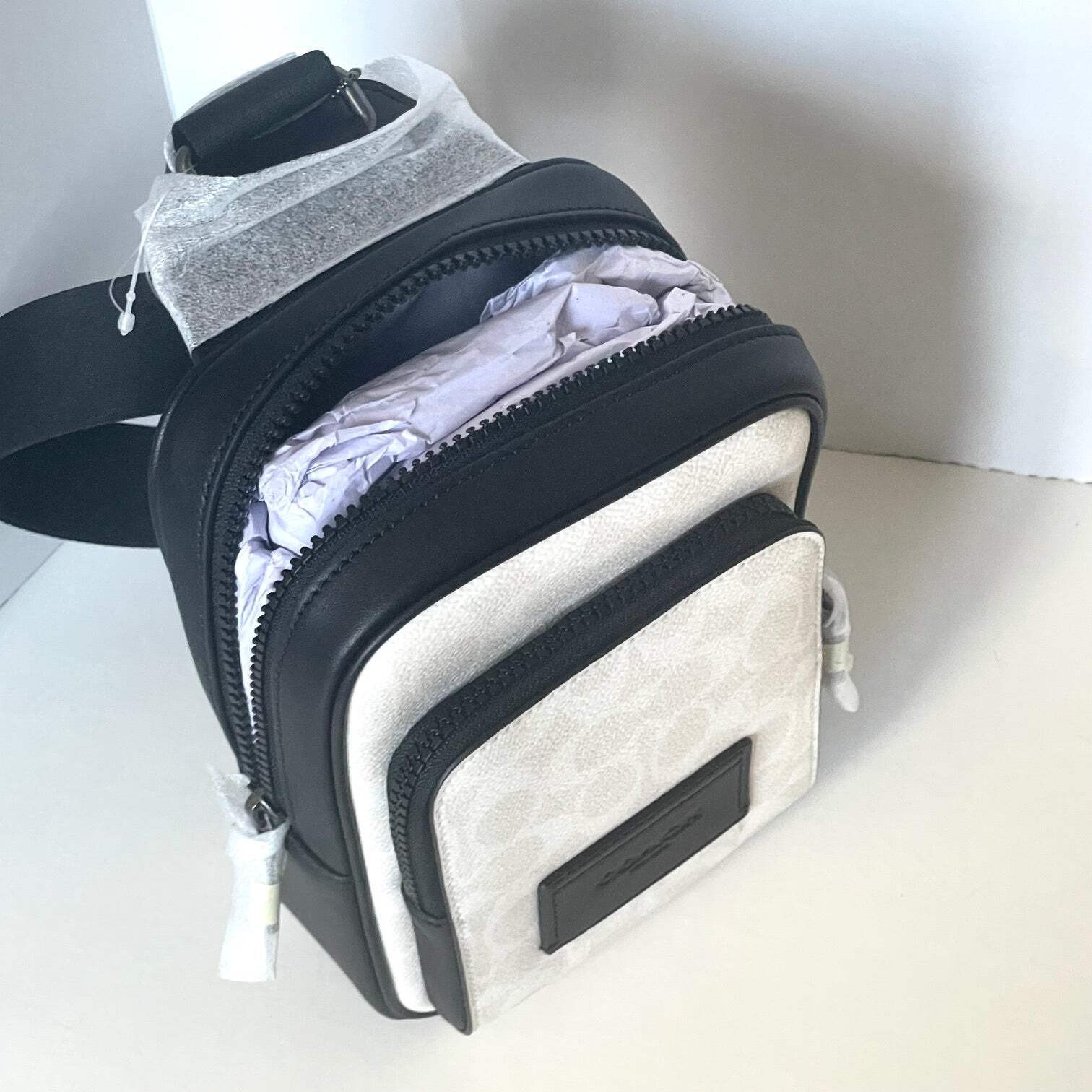 Coach Racer Sling Pack CV763 Black Chalk Signature Canvas Leather