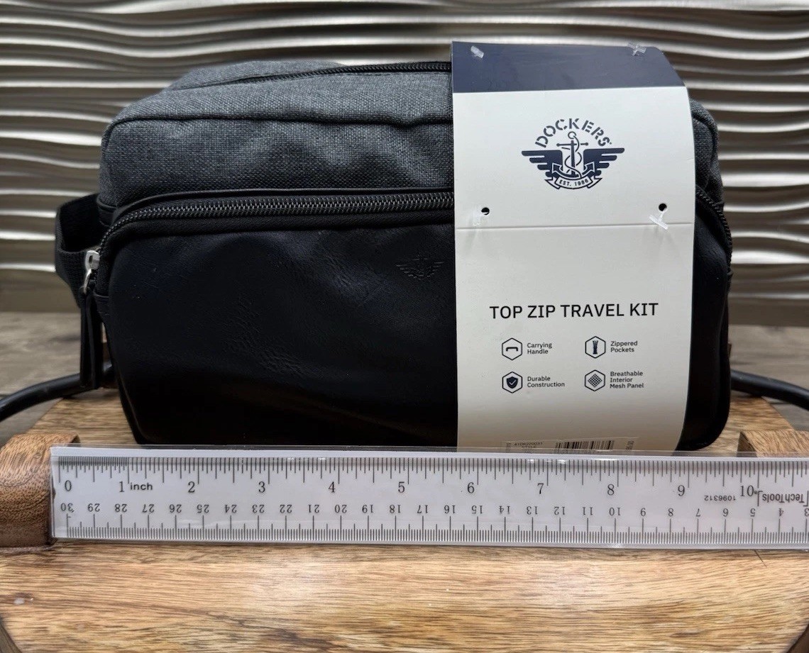 Docker’s Men’s Top Zip Toiletry Travel Bag Kit /Zip Side Pouch Gray Black NEW!