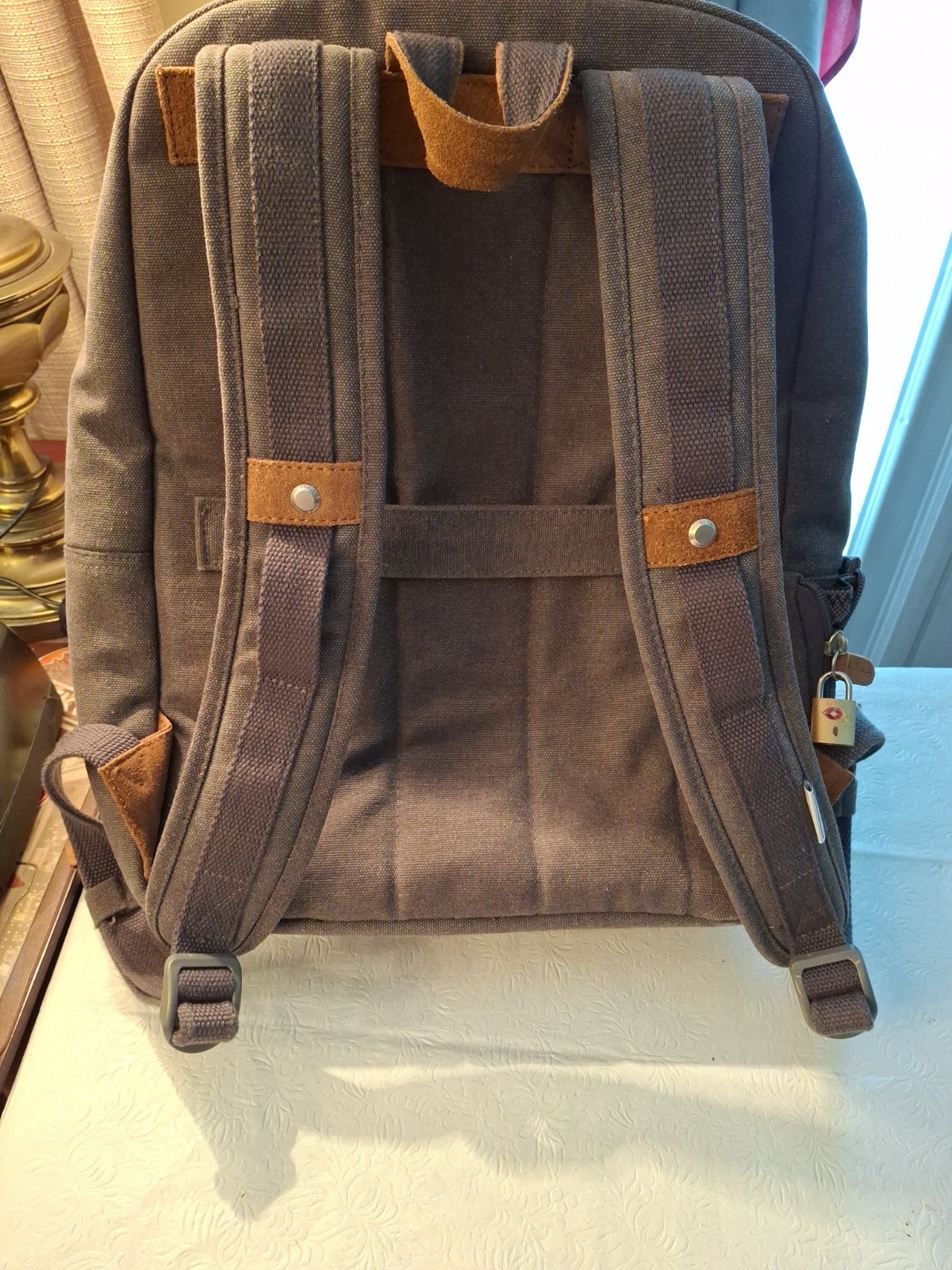 Travelon AntiTheft Heritage Collection Laptop Backpack Gray Canvas w/Suede Nw/oT