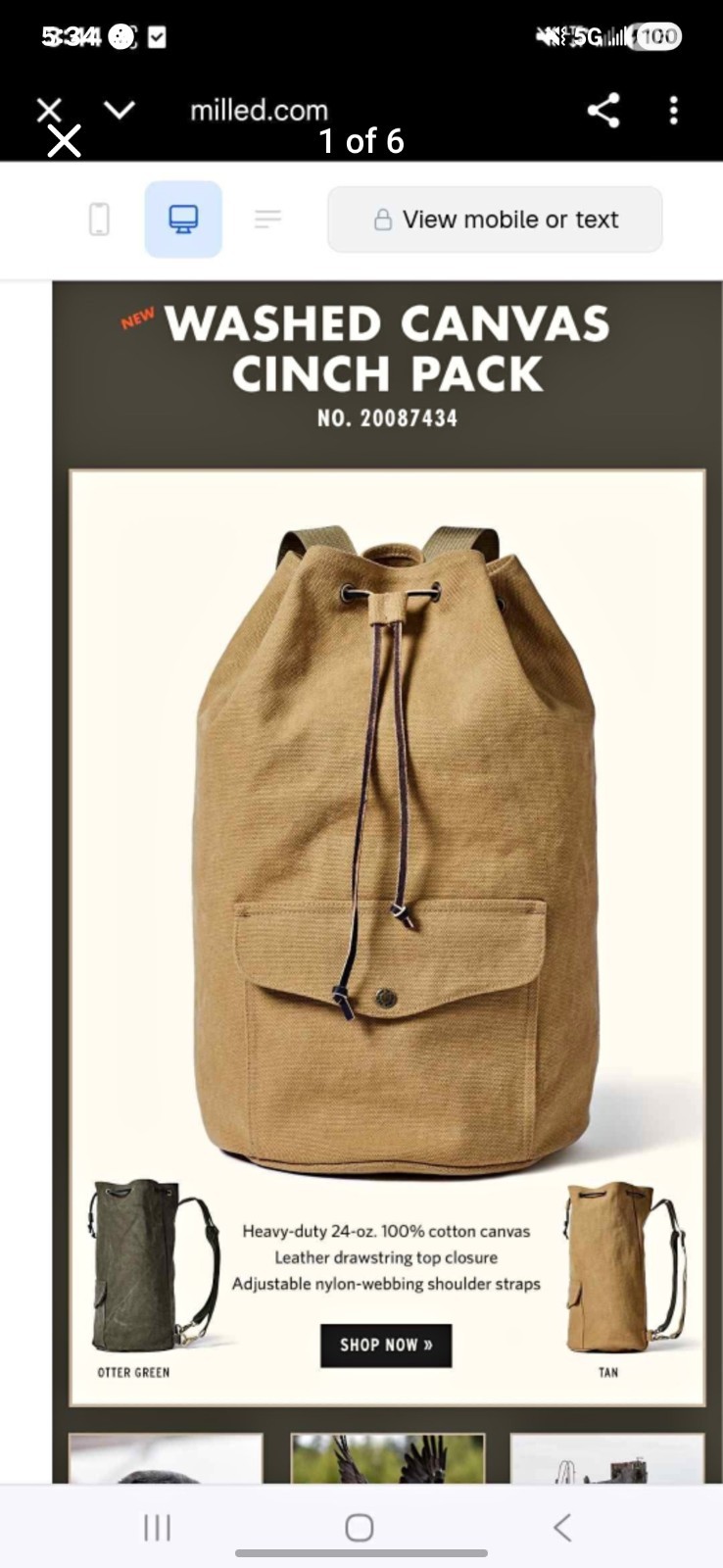 Filson Washed Canvas Cinch Pack | Tan | Made in USA | Discontinued | Rare