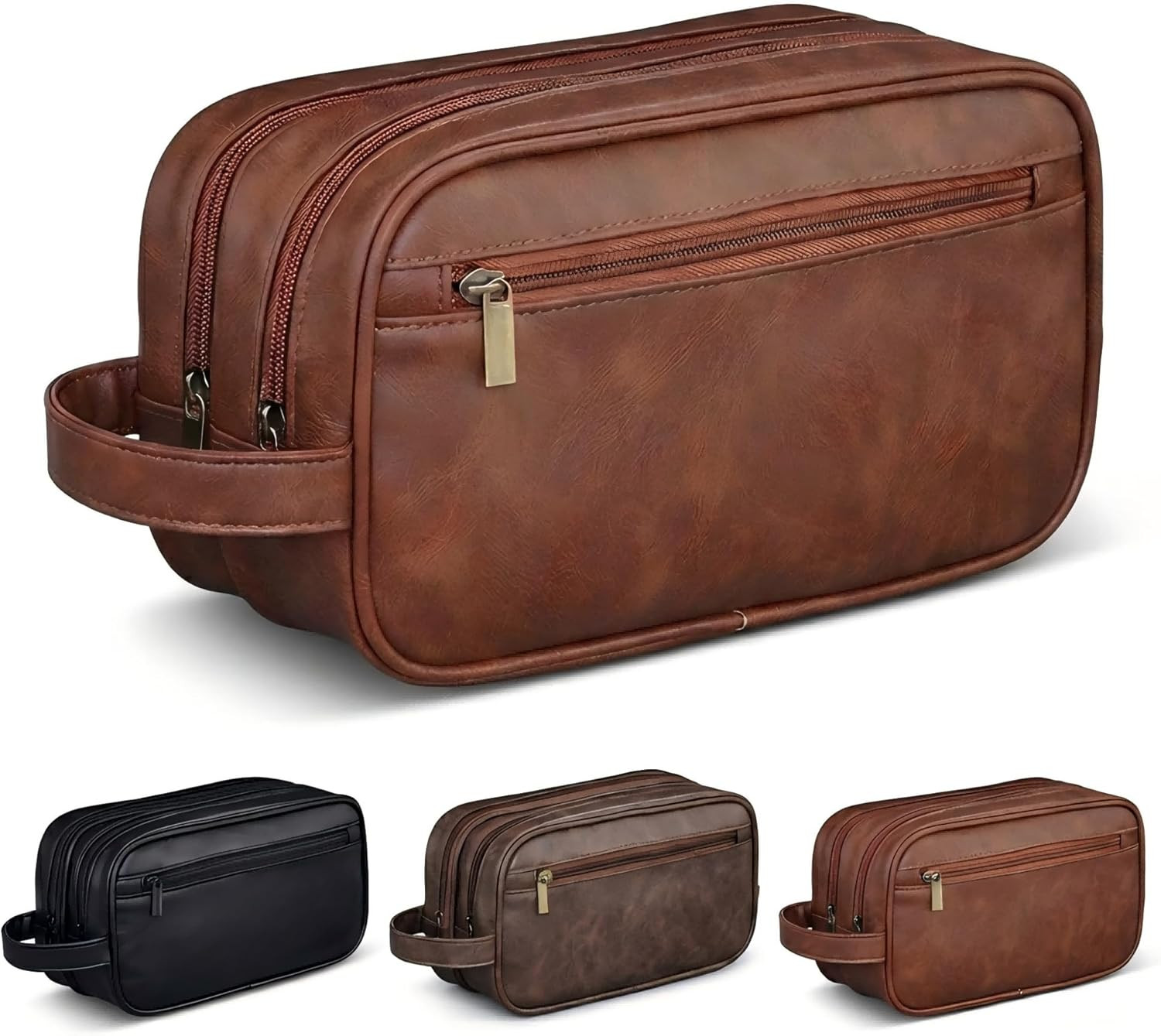 Men’S Toiletry Bag Travel Dopp Kit – Double-Deck Leather Water-Resistant Shaving