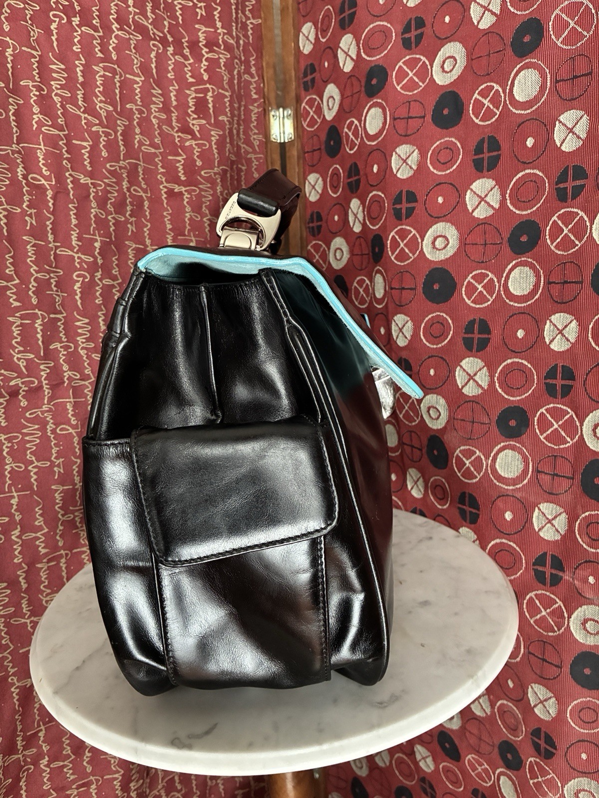 Piquadro Blue Square Expandable Leather Briefcase 14x10x5 Black Luggage Sleeve