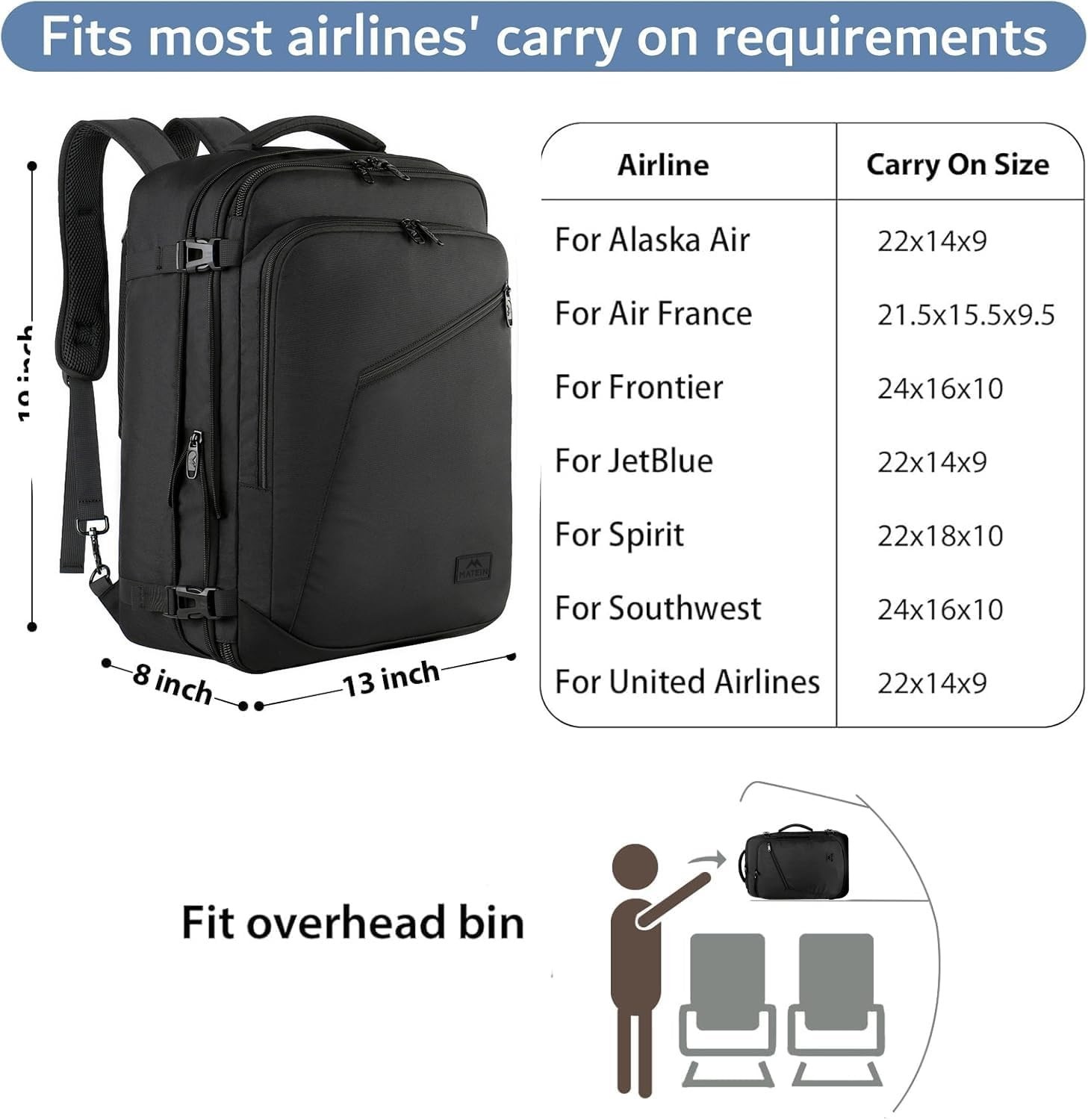 Carry On Backpack Water Resistant Lightweight Travel Bag 40L for Men Women