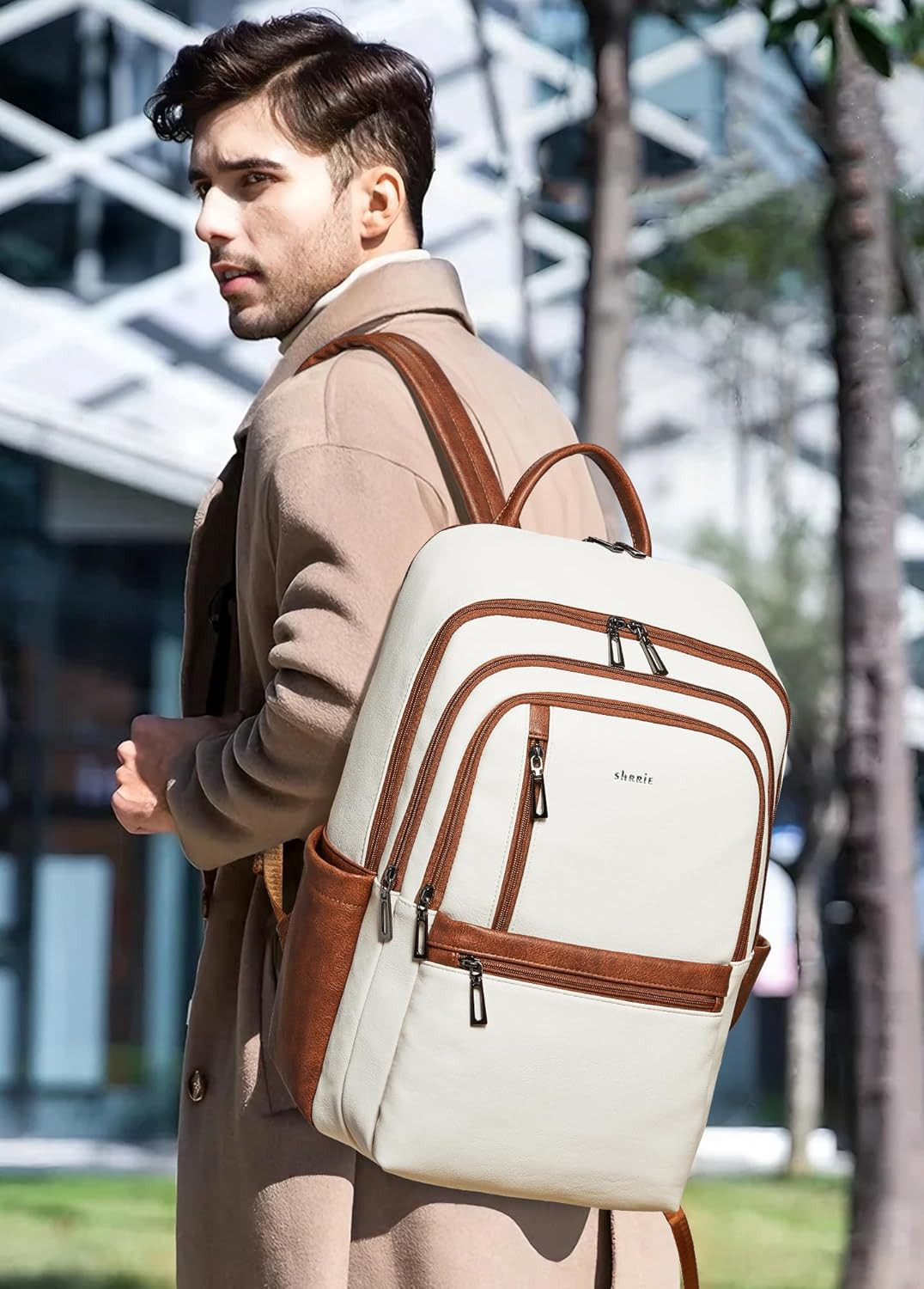 17 Inch Leather Laptop Backpack for Women, Travel Backpack with 6 Compartments