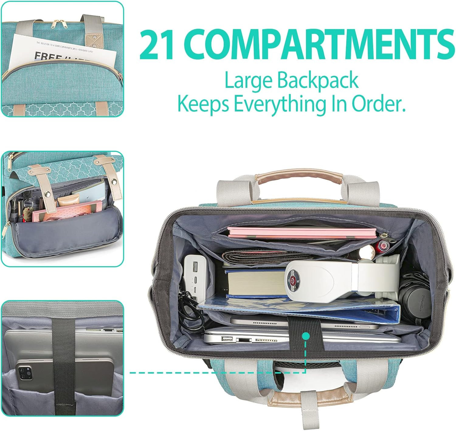 Laptop Backpack for Women 15.6 Inch USB Charging Port Water Resistant Teal