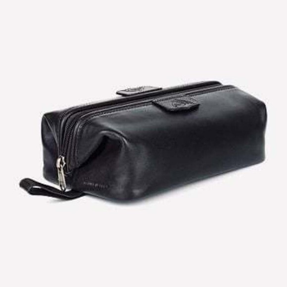 DOPP Black Satin Cowhide Leather Travel Bag Toiletries Case Mens Excellent
