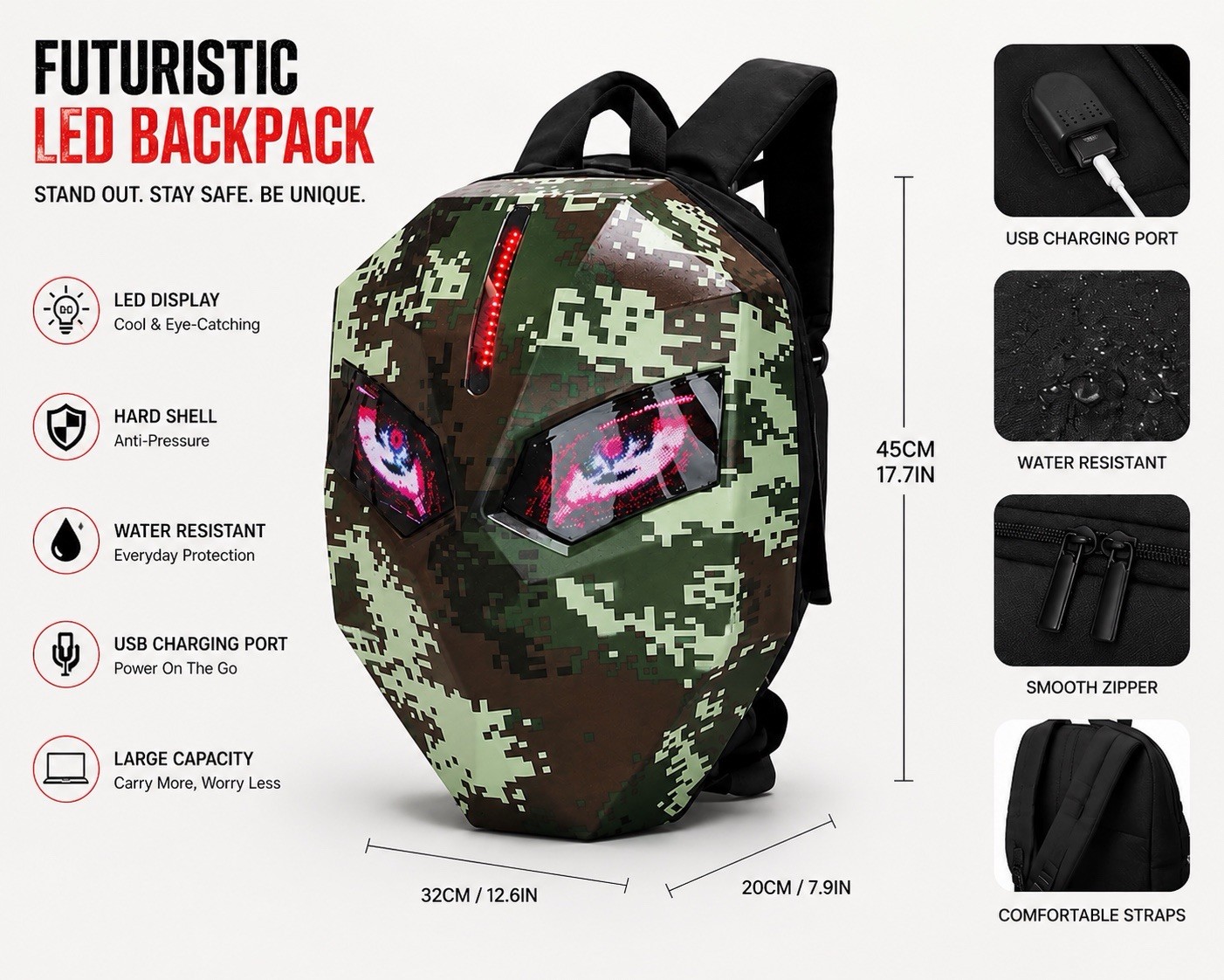 Futuristic Hard Shell LED Lights Backpack, Digital Camo, USB Charging Port, Zip