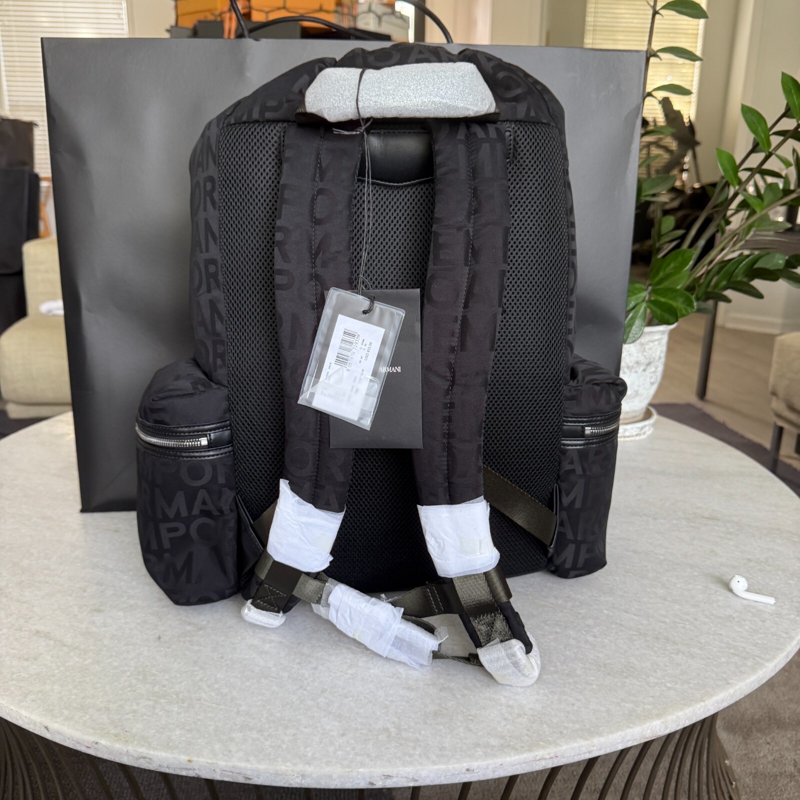 New Emporio Armani Black Nylon oversized Drawstring Logo Backpack