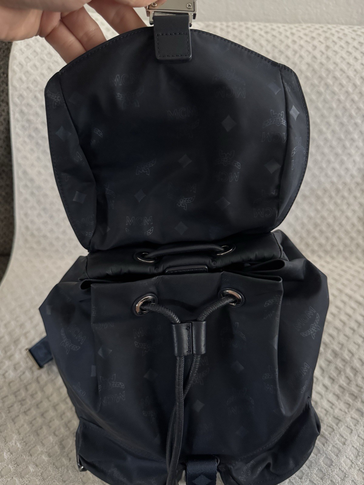 MCM Dieter Two Pocket Monogram Visetos Nylon Leather Flap Backpack Navy Blue Bag