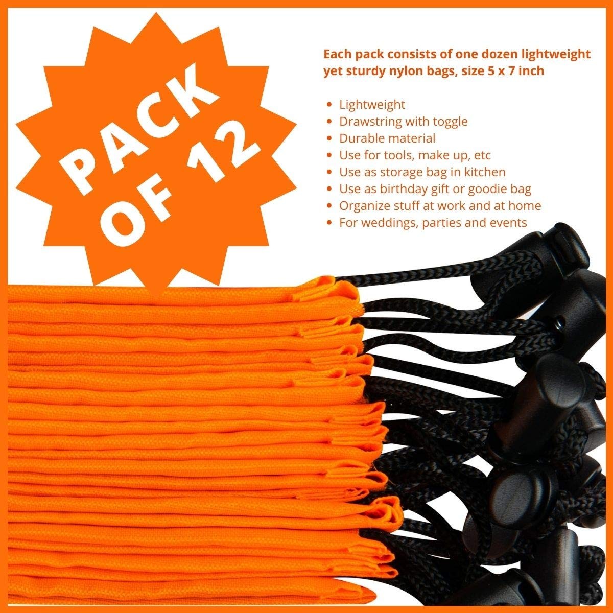 PALTERWEAR Drawstring Pouch 5 x 7 Inch 12 Pack Orange Small Nylon Cinch Bag…