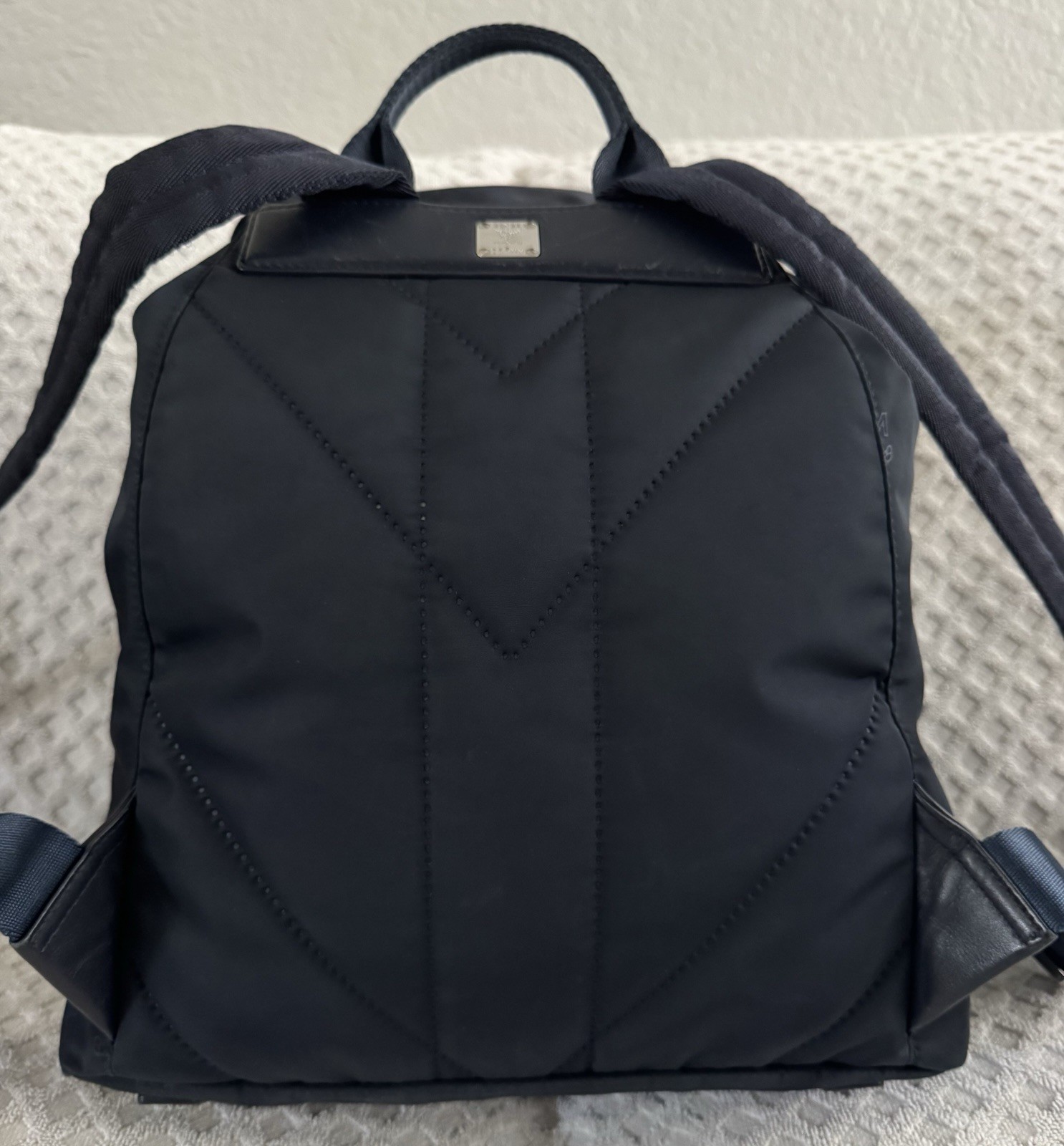MCM Dieter Two Pocket Monogram Visetos Nylon Leather Flap Backpack Navy Blue Bag