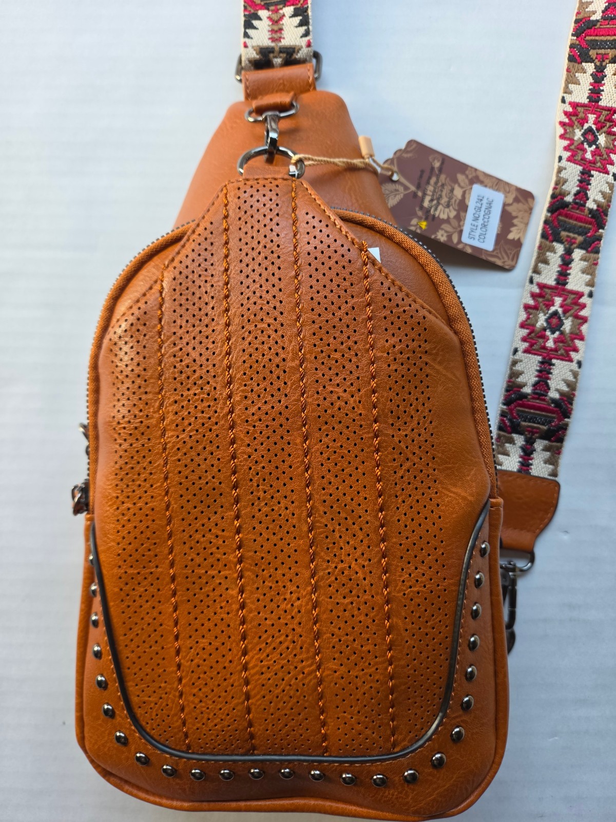 Sam & Hadley Western Cognac Color Crossbody Sling Bag with Studded Accent