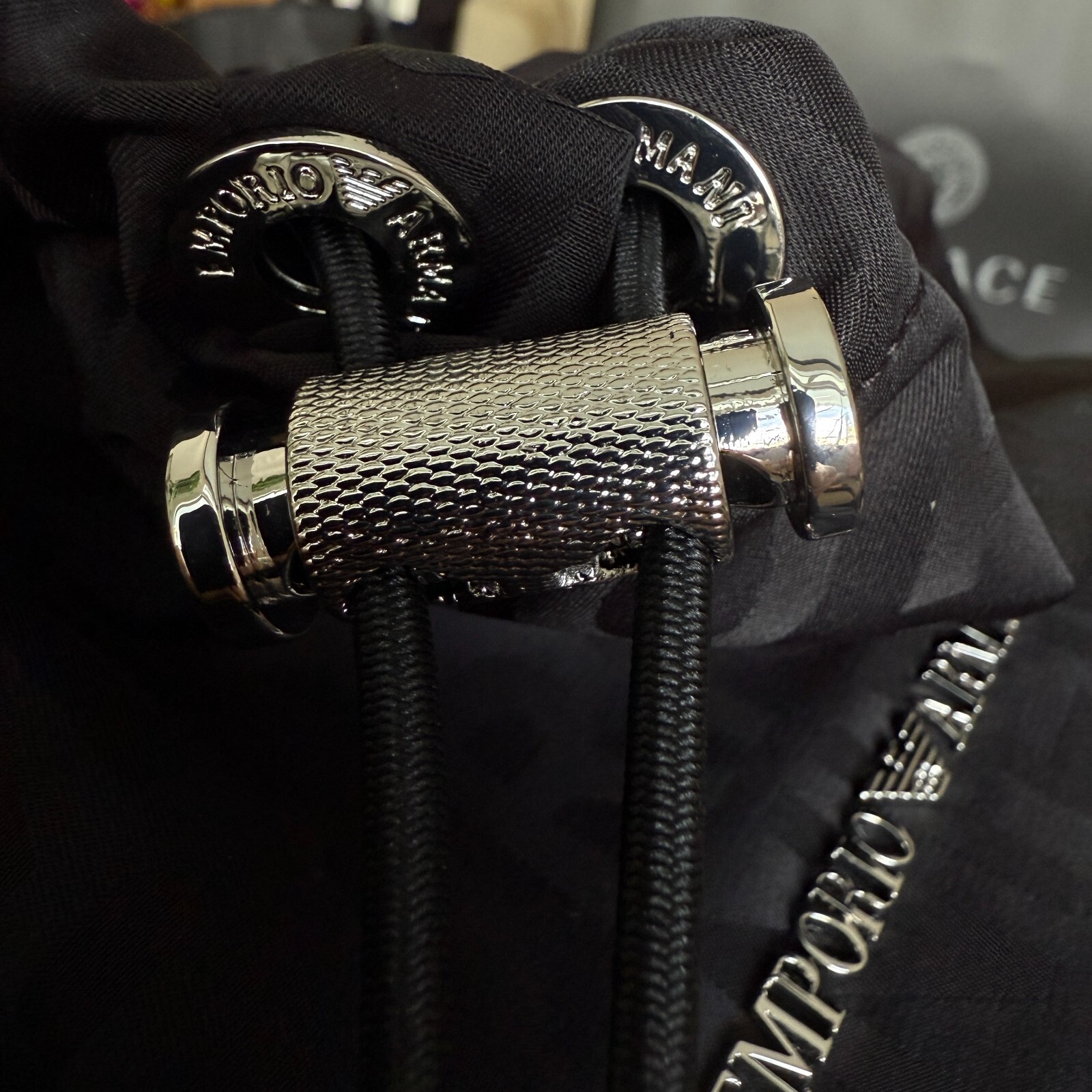 New Emporio Armani Black Nylon oversized Drawstring Logo Backpack