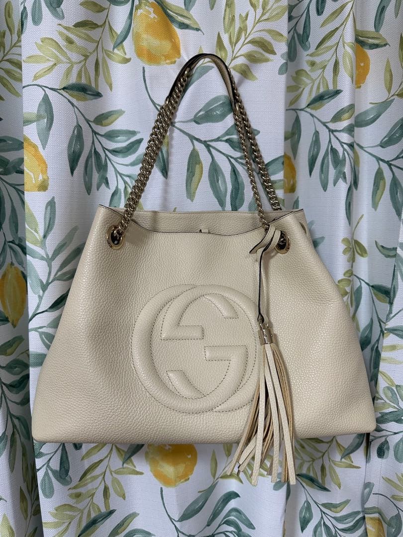 Gucci Leather Interlocking G Soho Chain Strap Shoulder Bag Beige Made in Italy