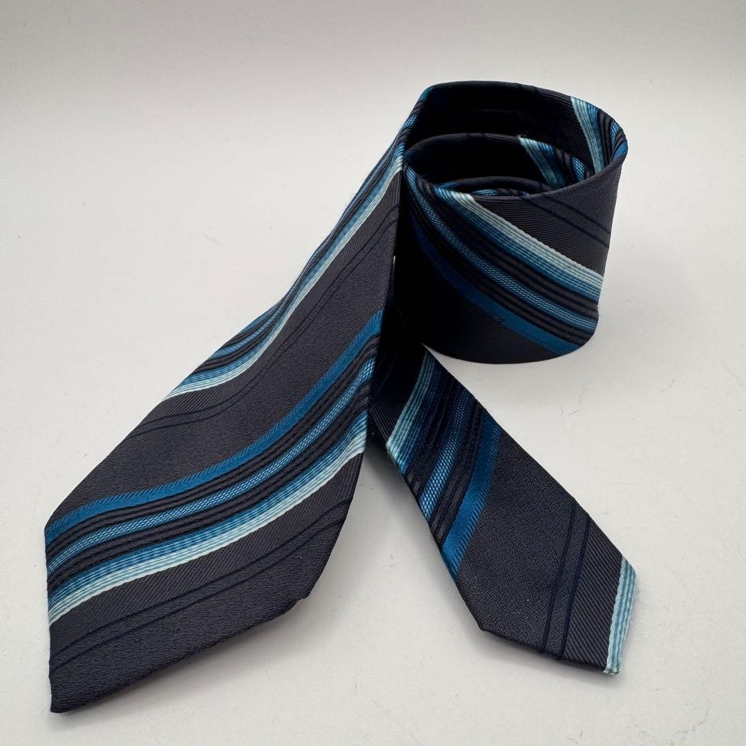DKNY Donna Karan NY Regimental Tie Charcoal Blue Silk Made in Japan