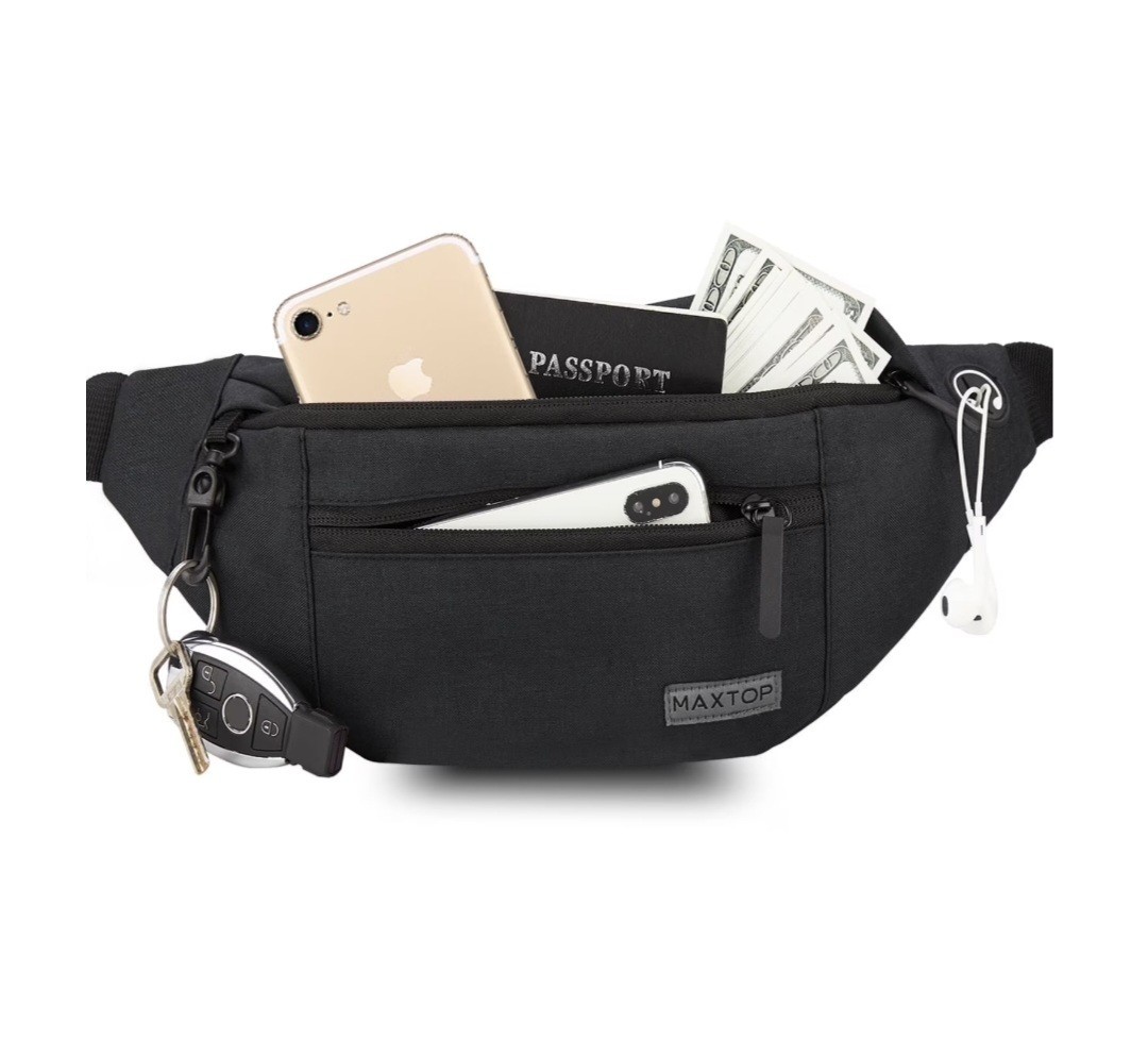 Crossbody Adjustable Belt Bag Hesdphone Jack 4 Zipper Pockets Reflective