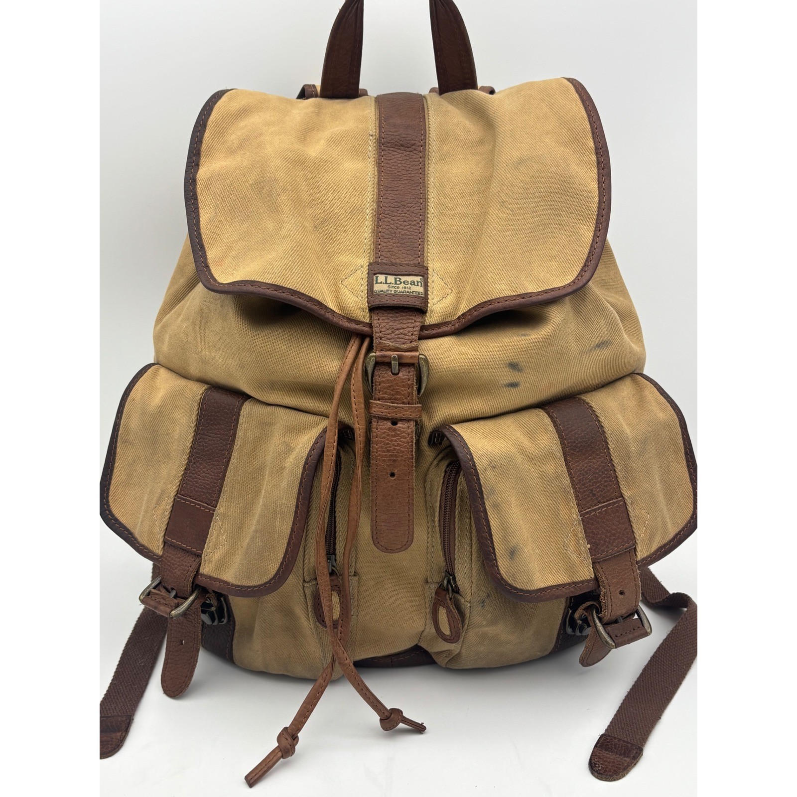 VINTAGE L.L. BEAN Rucksack Backpack Brown Canvas Leather Hiking RARE Utility Bag