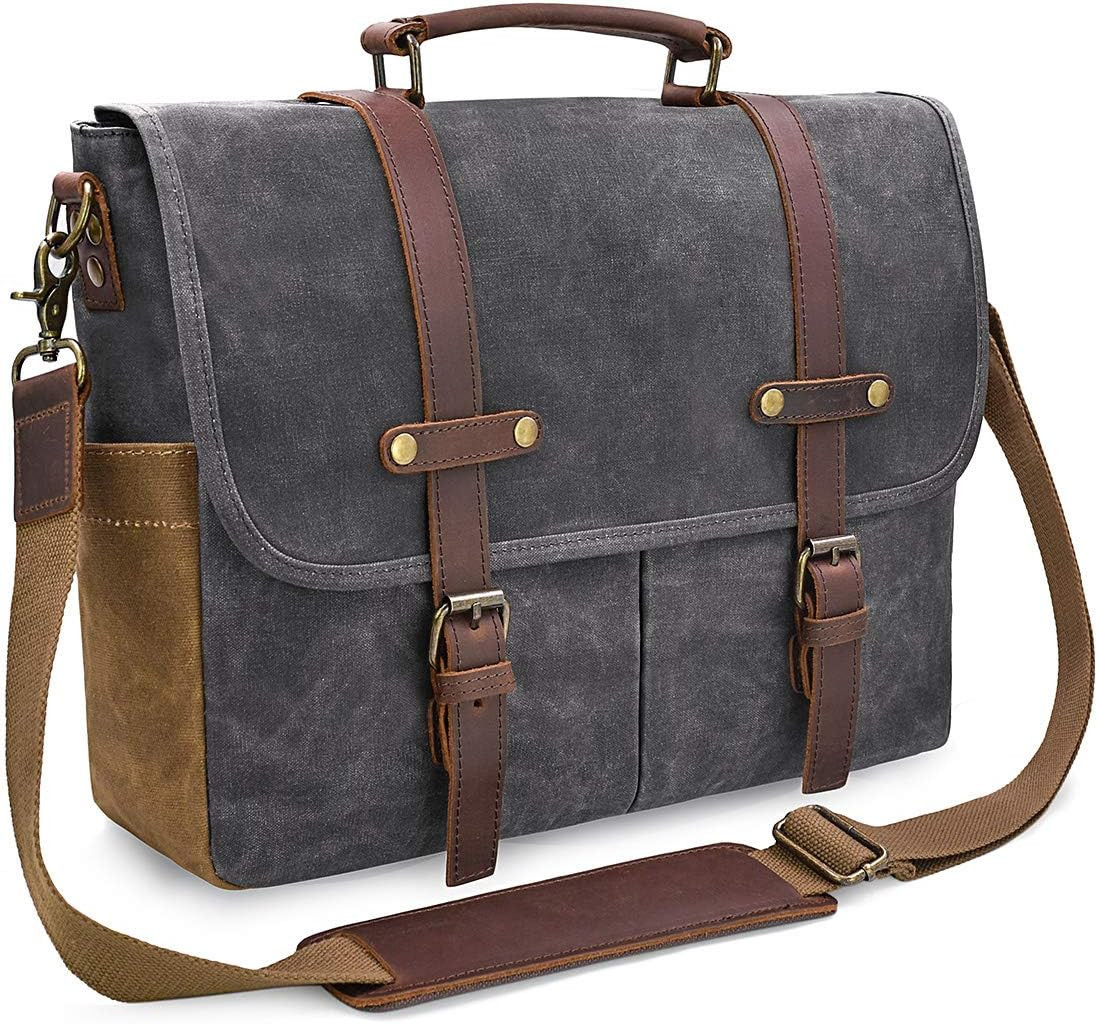 Men’s 15.6″ Waterproof Leather Canvas Laptop Messenger Bag Grey Satchel