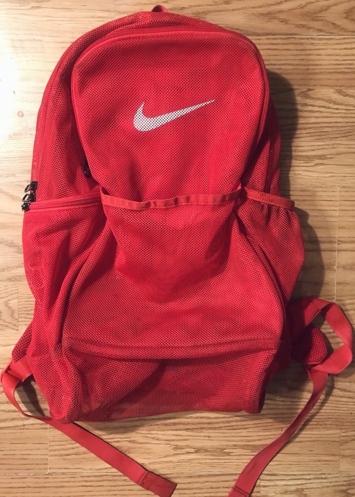 Nike Red Mesh Knit Backpack Comfort Strap Zip Close Divider Transparent Swoosh