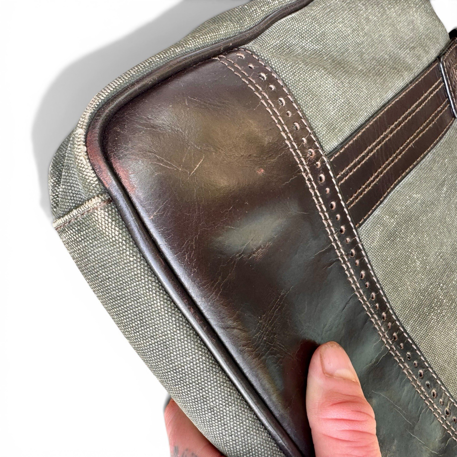 John Varvatos Distressed Olive Canvas Leather Messenger Laptop Bag Brown