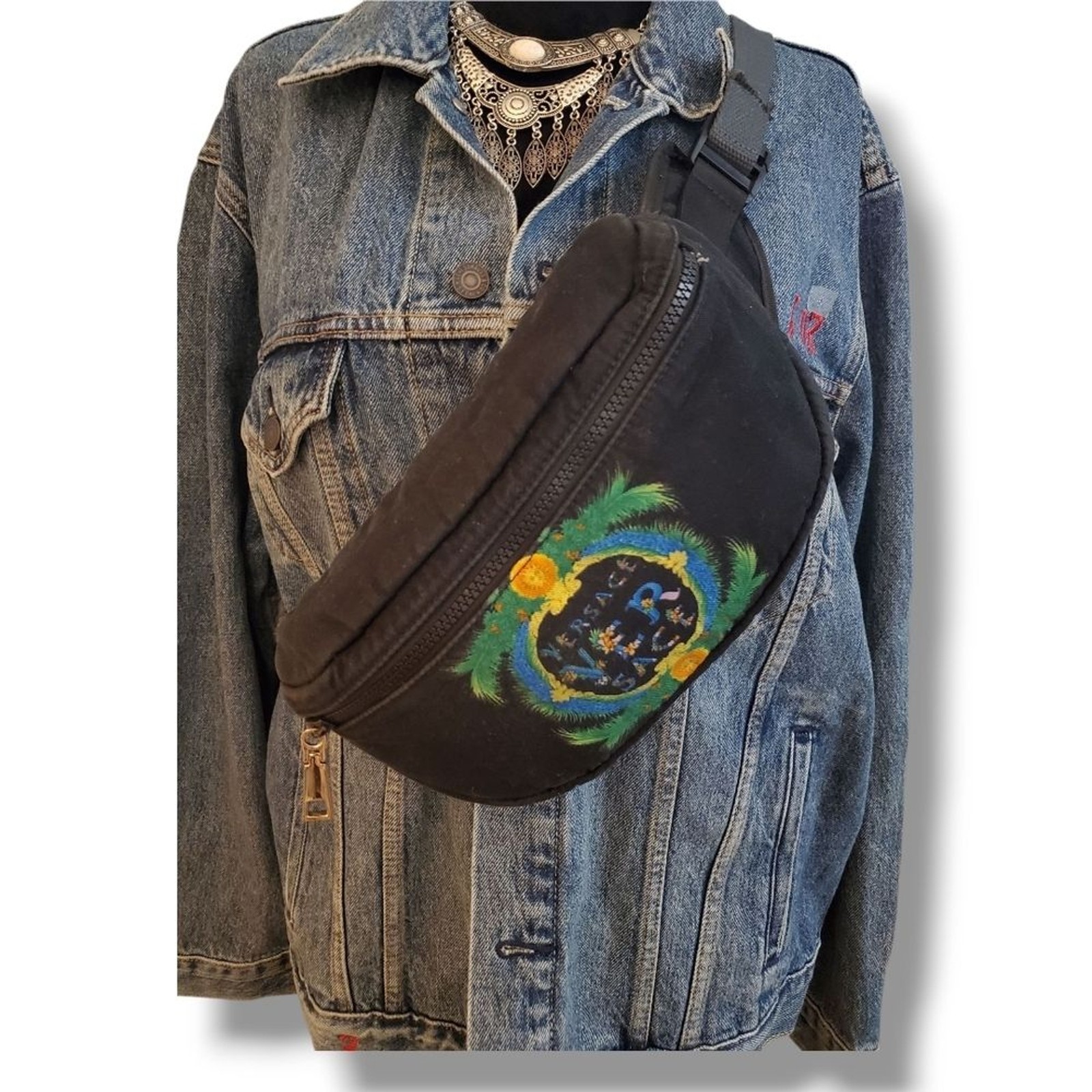 VERSACE Beverly Palm Miami Black Belt Bag with Vibrant Graphic Waist Sling Bag