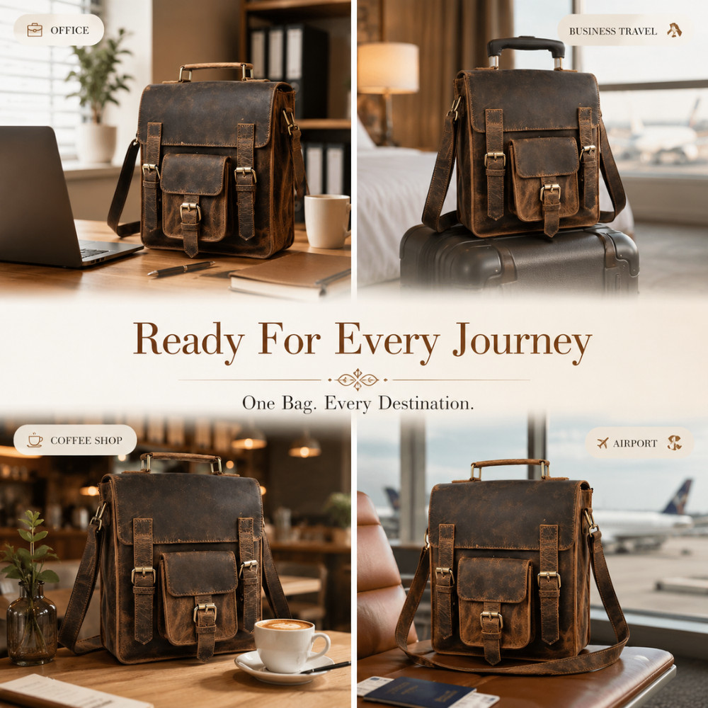 11″ Buffalo Leather Sling Bag Mens Dark Brown For iPad, Tablet Crossbody Strap