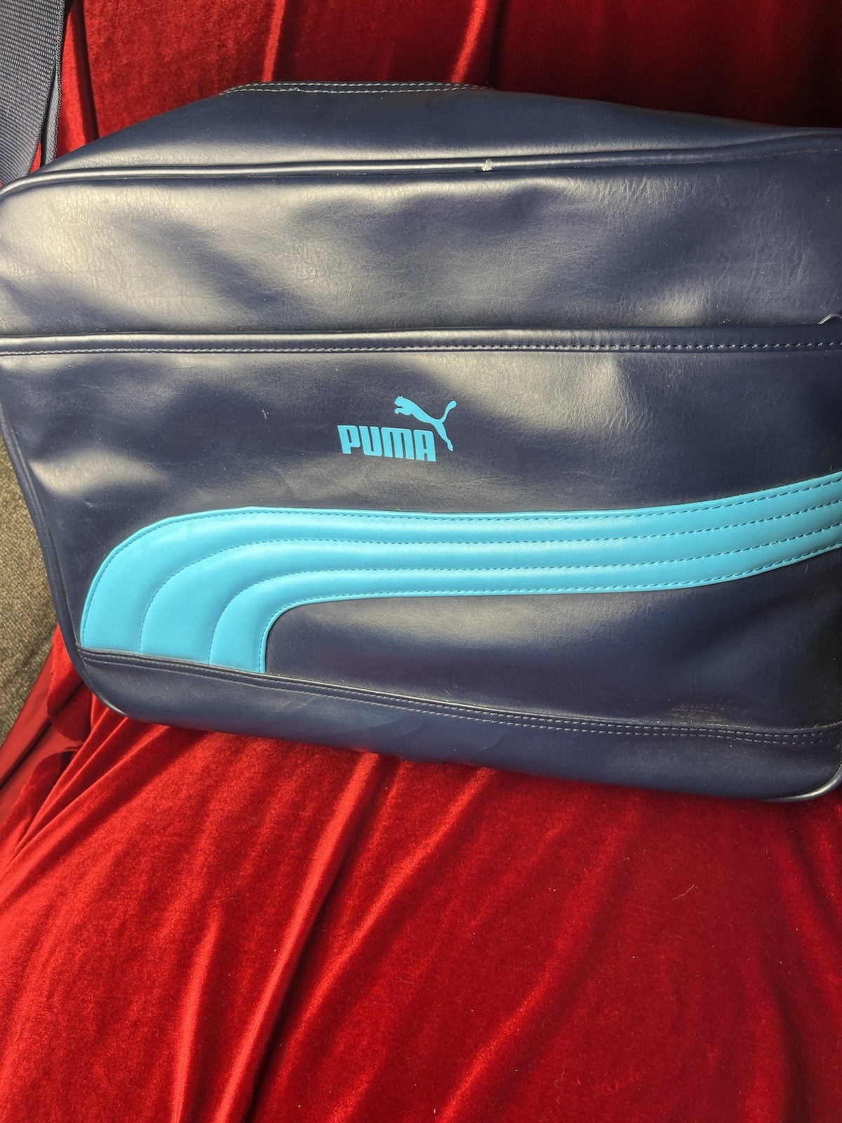 PUMA Messenger Bag Teal Turquoise Blue Stripe 90’s Y2K Retro Vinyl Puma Bag GUC