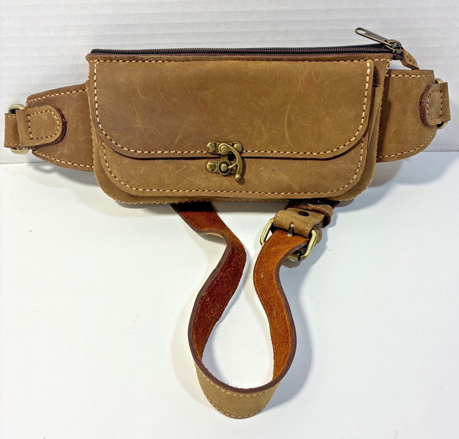 Vintage Handmade Full Grain Leather Fanny Pack Waist Belt Bag W/Swing Clasp BOHO