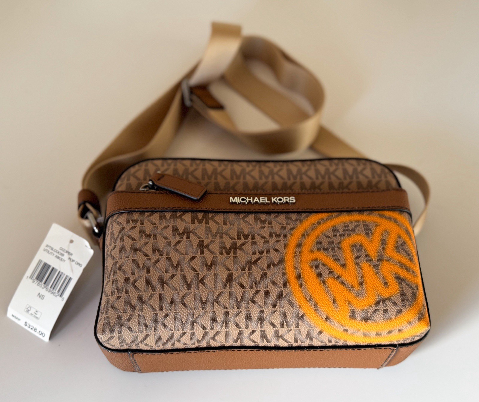 Michael Kors Cooper Utility Crossbody Flight Bag MK Brown/Pop Orange