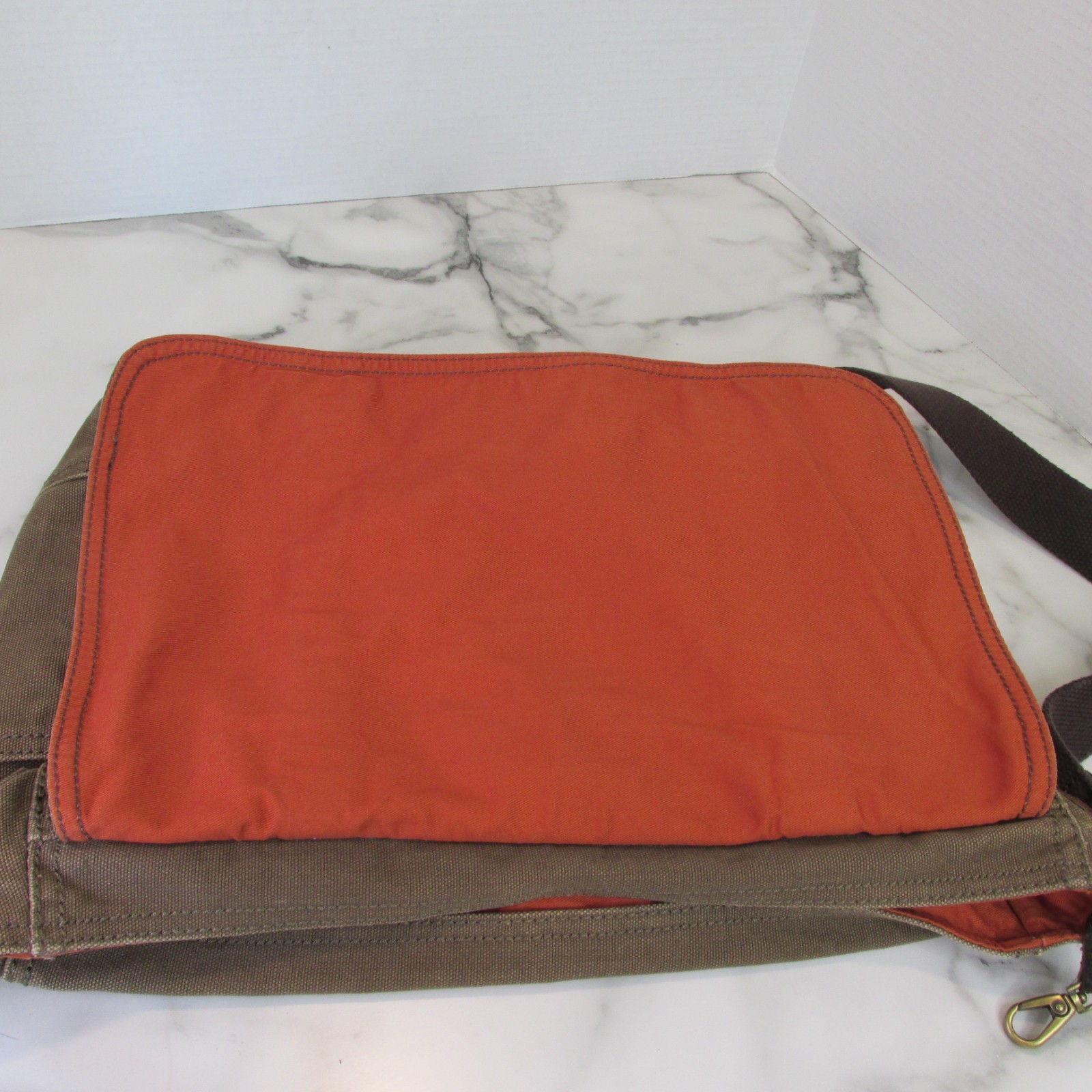 Fossil Estate Messenger Bag Olive Green Canvas Brown Leather Trim Crossbody