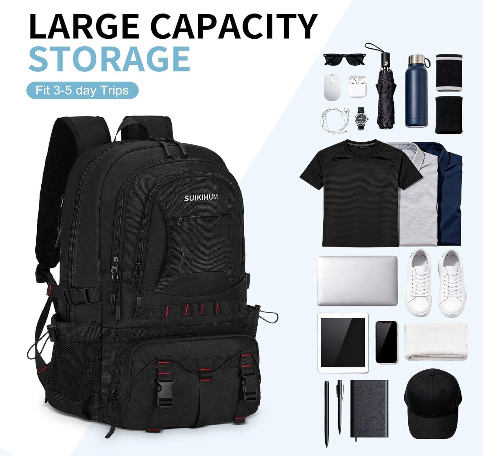 35L Hiking Backpack Waterproof Travel Daypack USB-C Laptop Camping- Black NEW