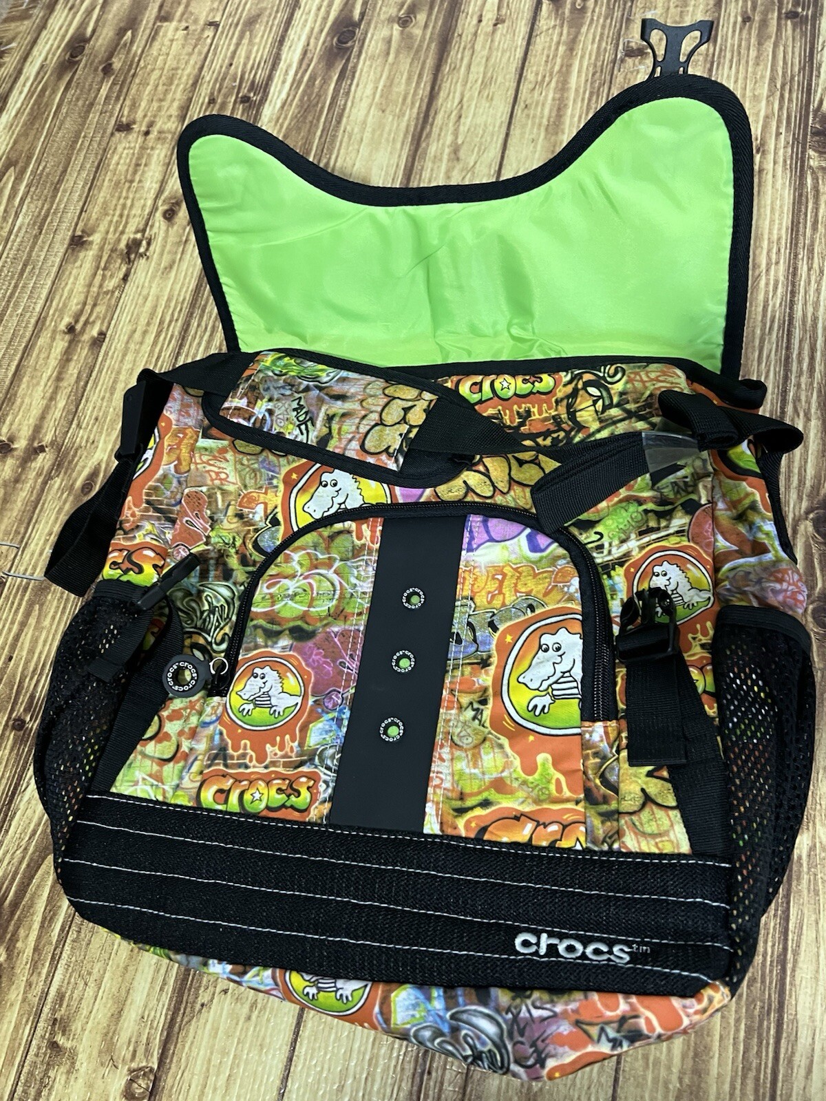 Crocs Graffiti Dinosaur Messenger Bag Adult Lime Green Interior