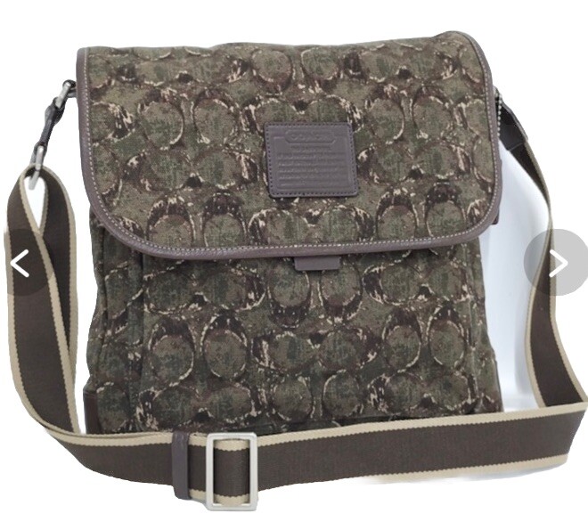 New COACH Heritage Web Green Brown Canvas Logo Leather Messenger Bag #F70627 U2