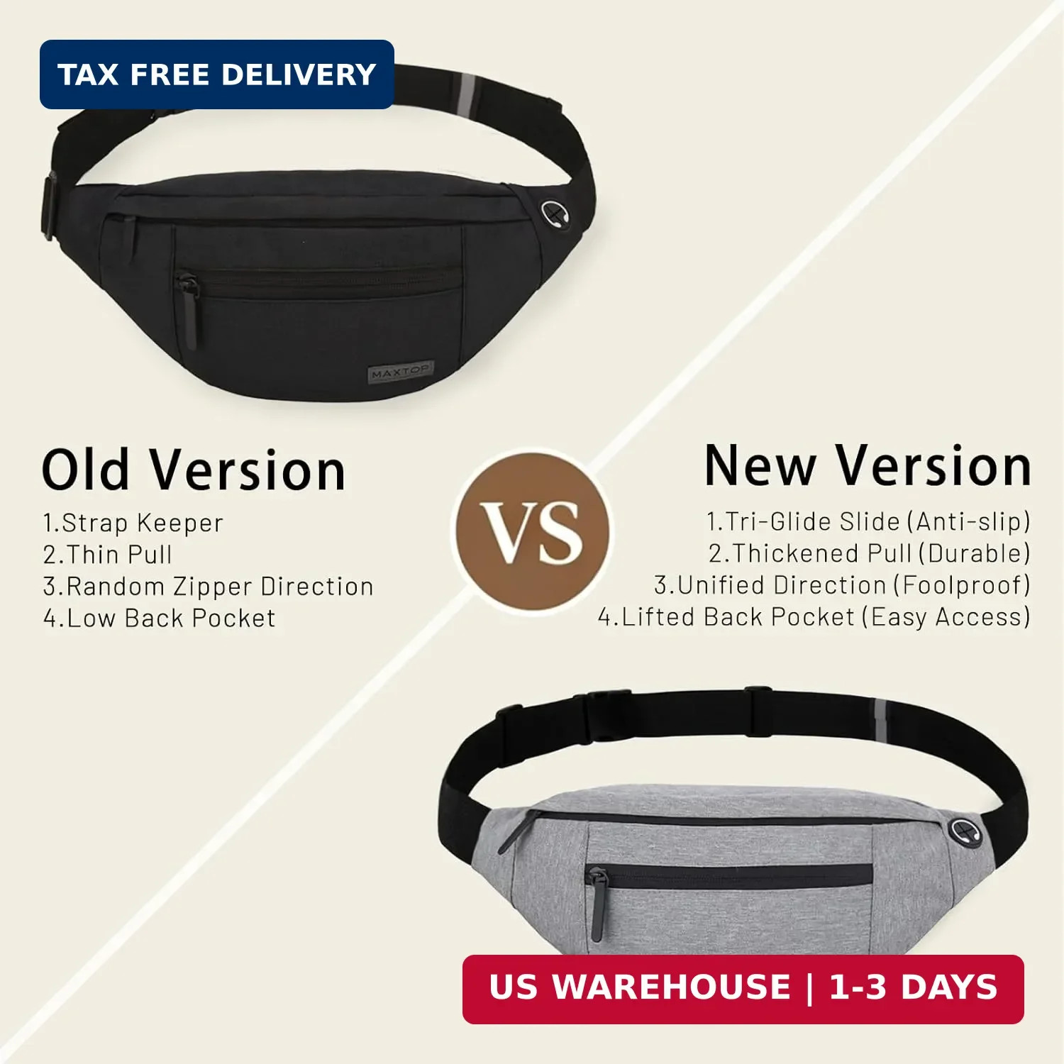 Large Crossbody Fanny Pack 4 Zipper Pockets Waist Bag Phone Wallet Travel