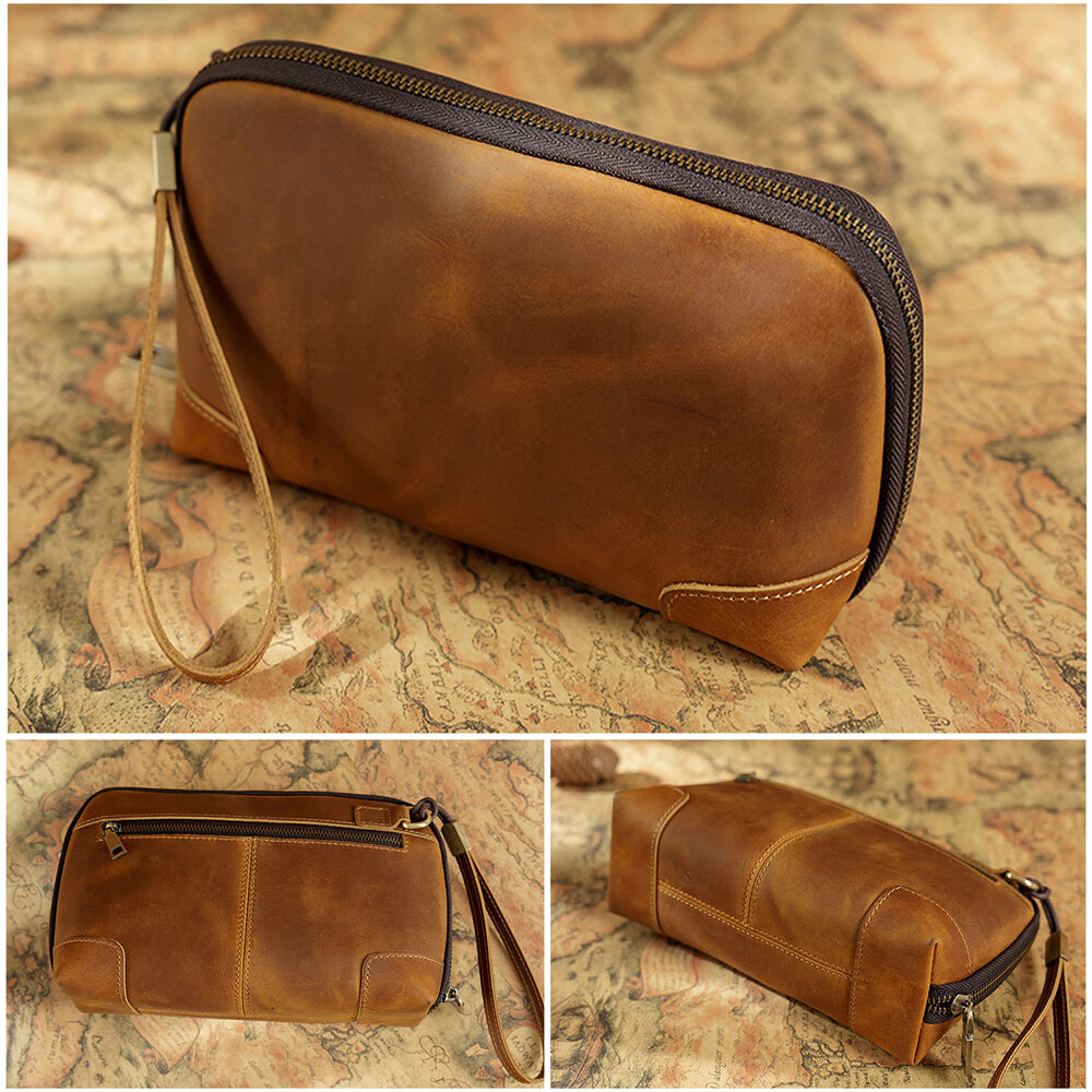 Genuine Leather Men Clutch Bag Earphone Charger Data Cable Storage Pouch Handbag
