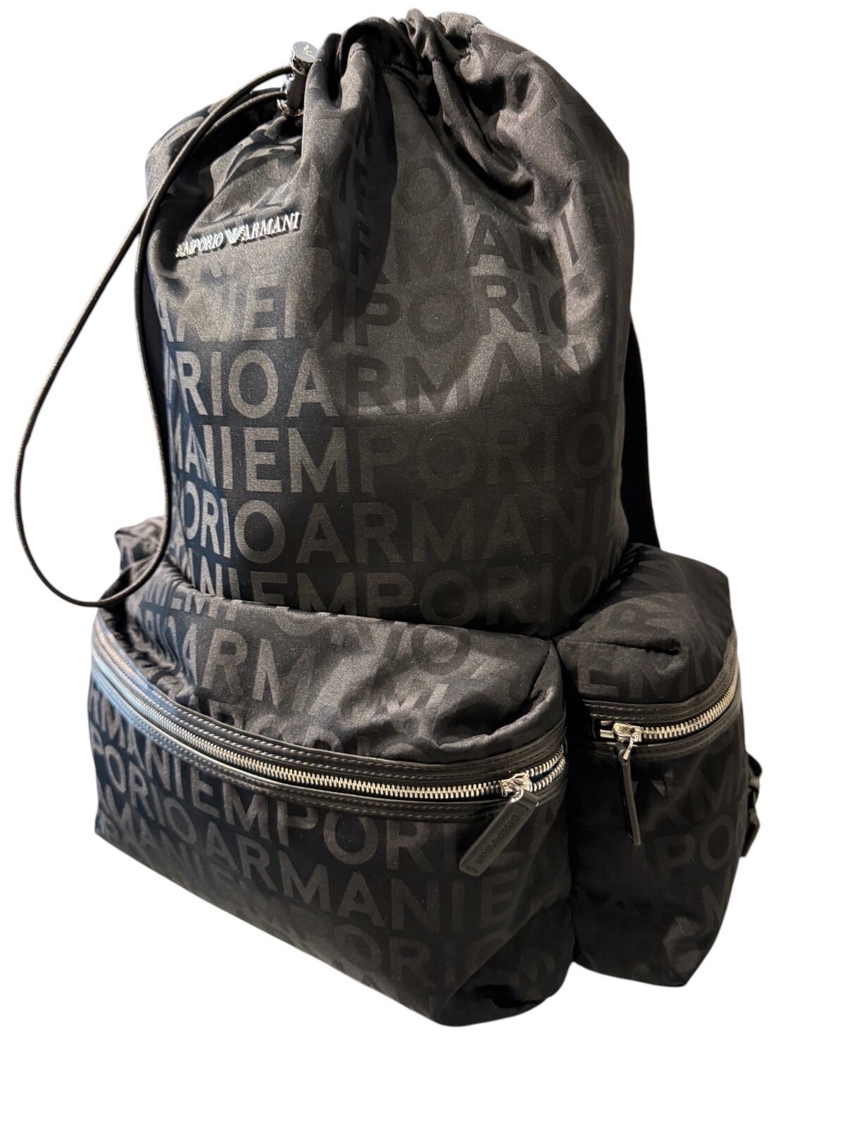 New Emporio Armani Black Nylon oversized Drawstring Logo Backpack
