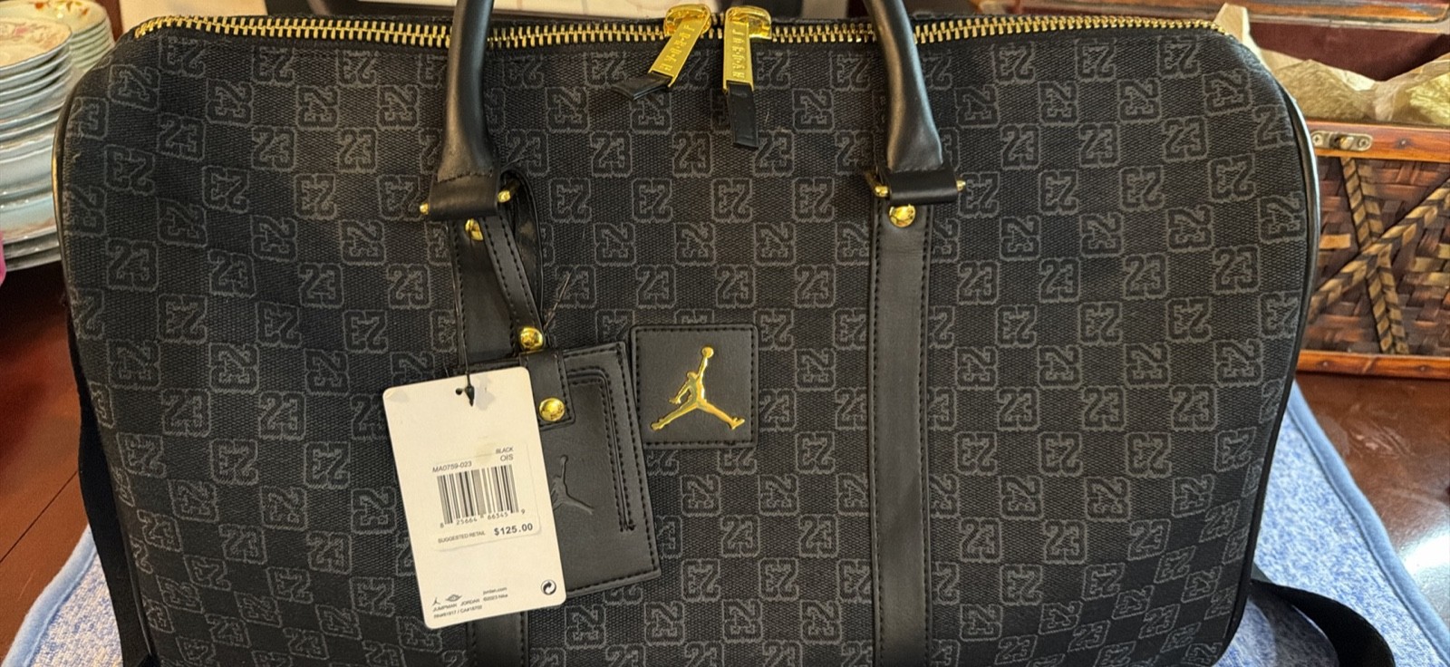 Nike Jordan Monogram Duffle Bag Black Gold MA0759-023 NWT Travel Gym Bag