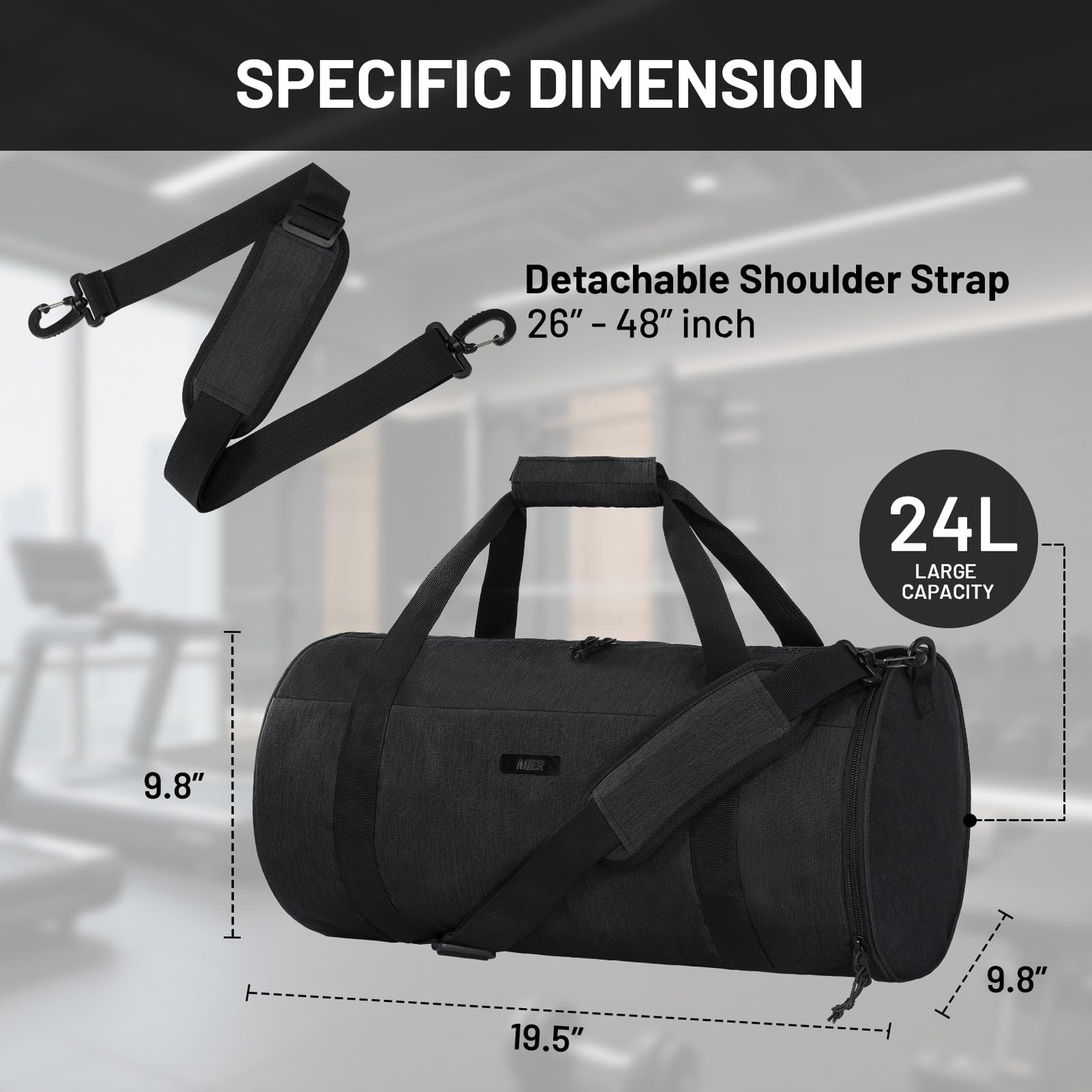 24L Gym Round Duffle Bag Shoe Compartment Wet Pocket Lightweight Carry On