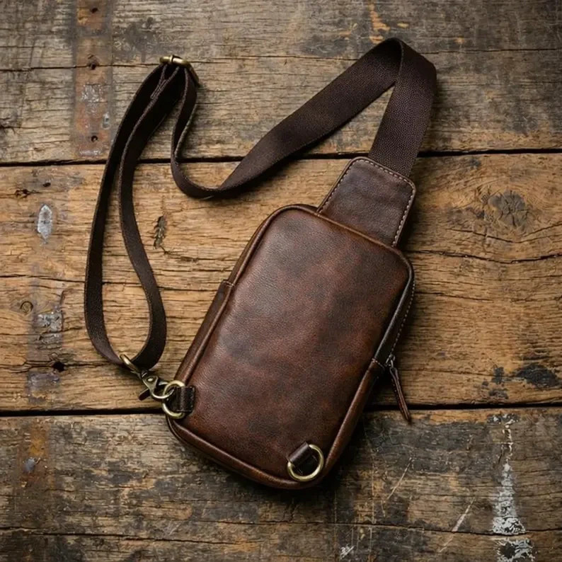 Genuine Leather Sling Bag Men Crossbody Chest Shoulder Travel Backpack Brown