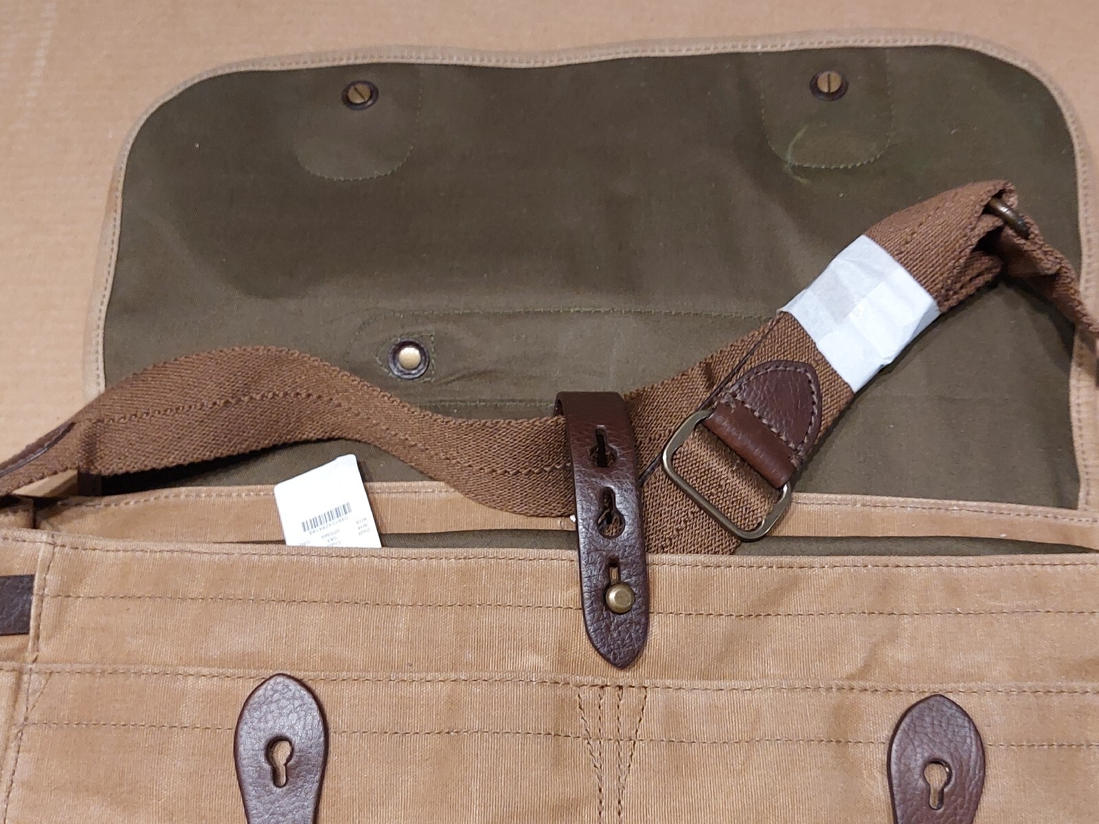 NWT J Crew Khaki Abingdon Waxed Canvas Messenger Bag Laptop F1415