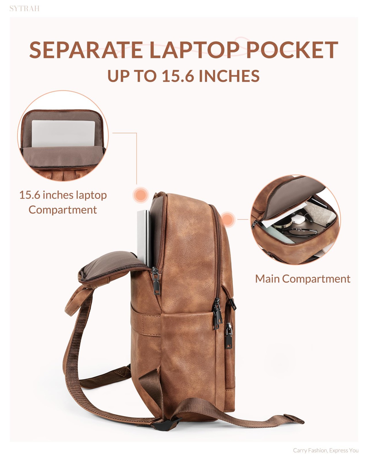 Leather Backpack for Women, 15.6 inch Laptop Purse Daypack Brown