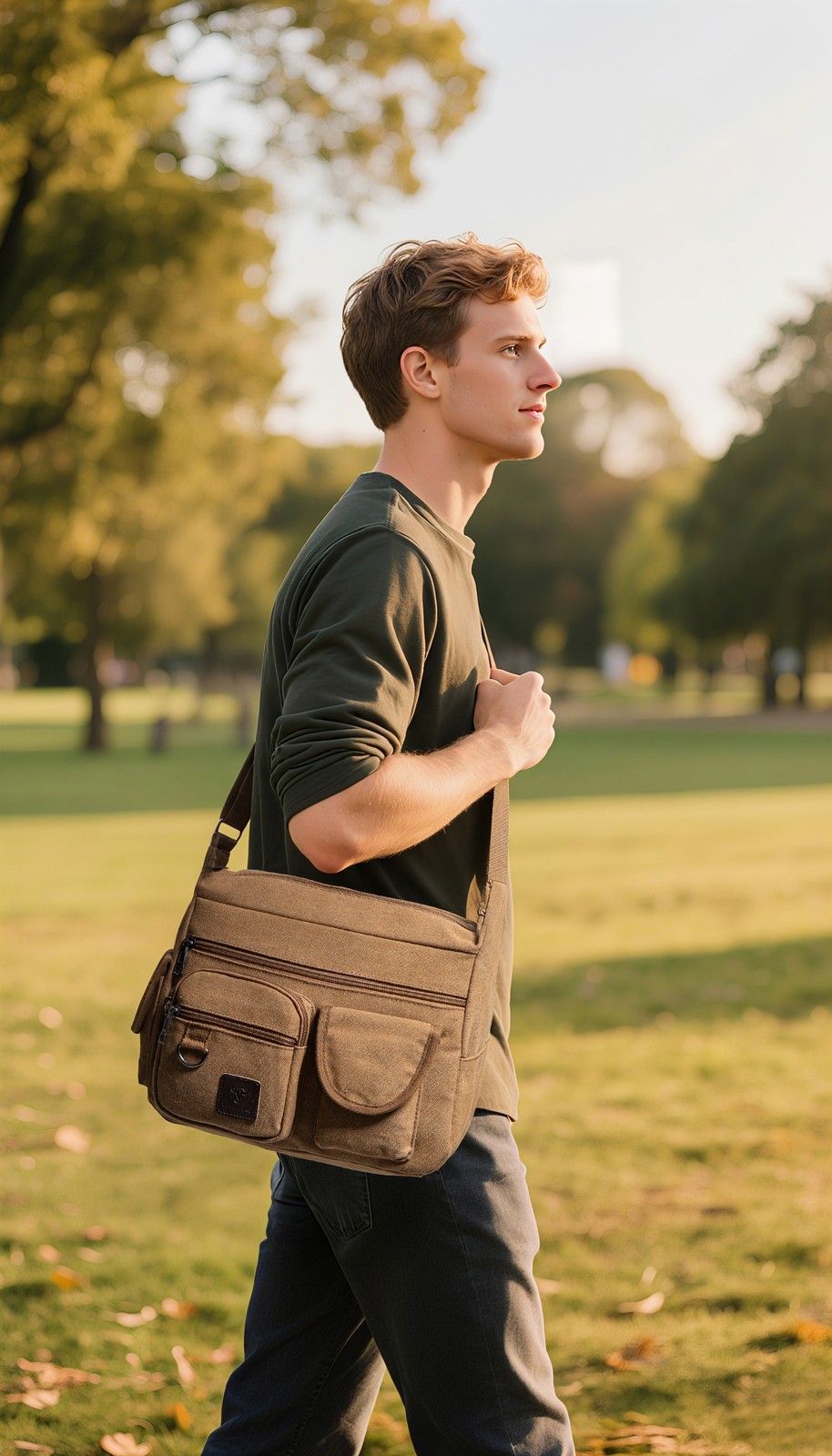 Men Vintage Canvas Crossbody Bag Multi Pocket Messenger Shoulder Bag Work Travel