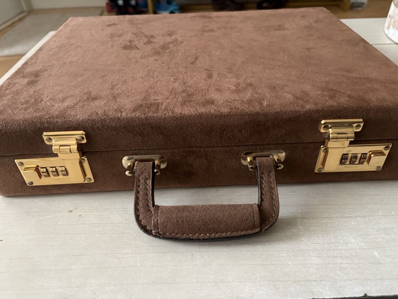 Vtg Brown Suede Attache Briefcase w/ 24K Gold Prestolock Hardware 17x13x3.5”
