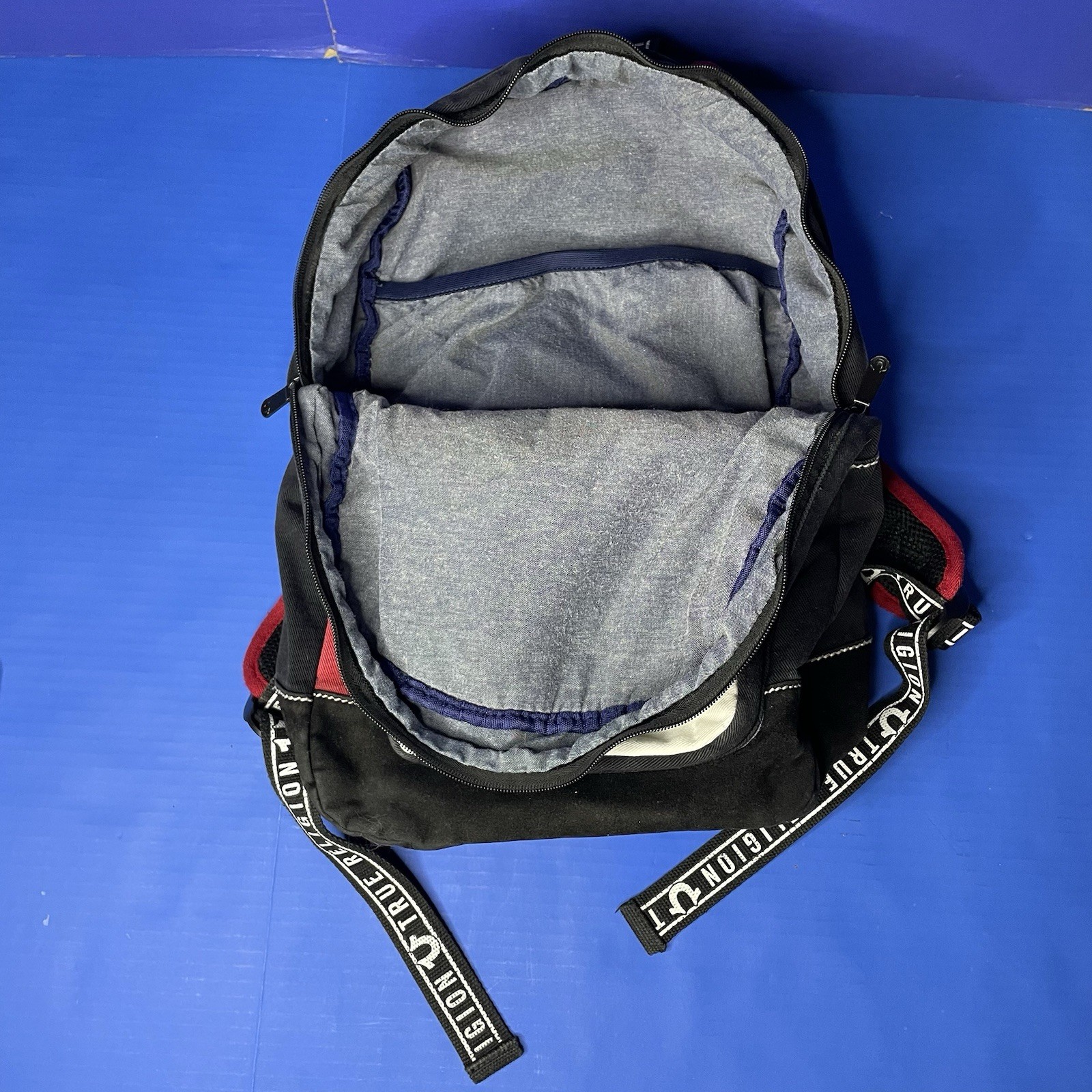 True Religion Black Red White Logo Backpack Book Bag Color Block