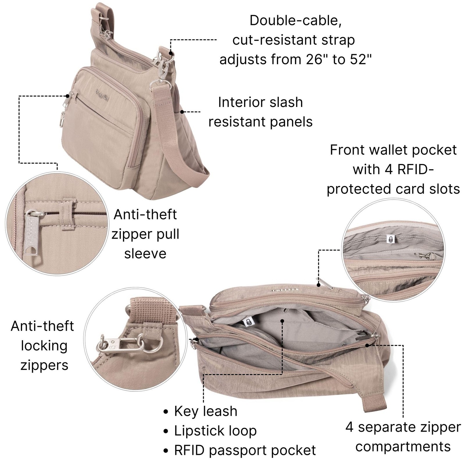 Baggallini Securtex® Anti-Theft Crossover Crossbody Bag One Size, Moonrock
